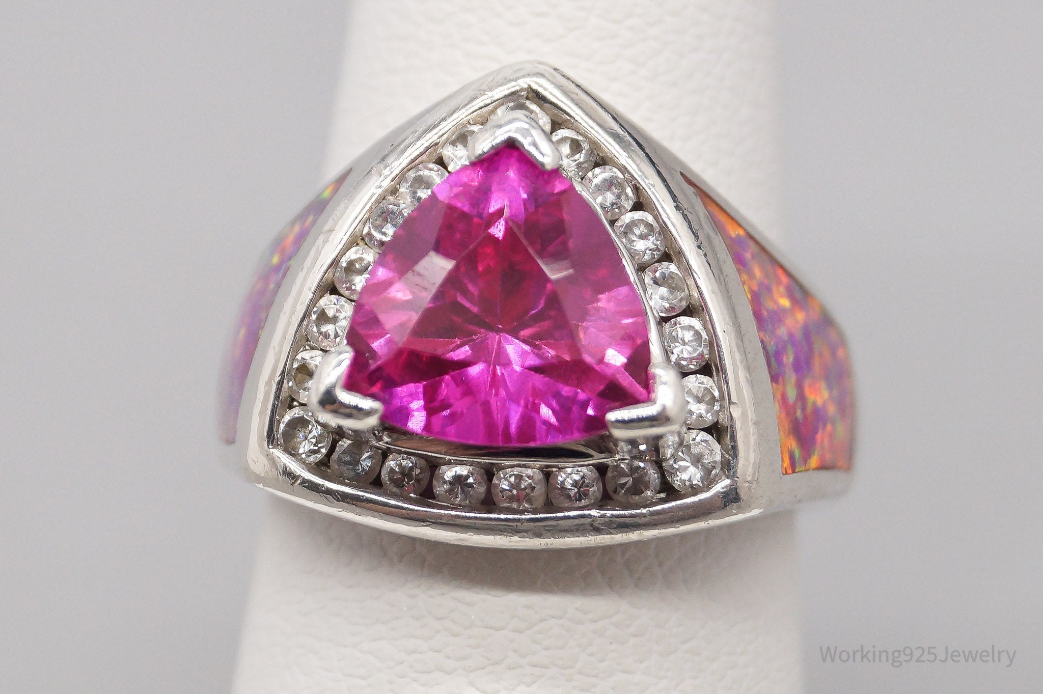 Vintage TGI Pink Sapphire Opal Inlay Cubic Zirconia Sterling Silver Ring - SZ 6