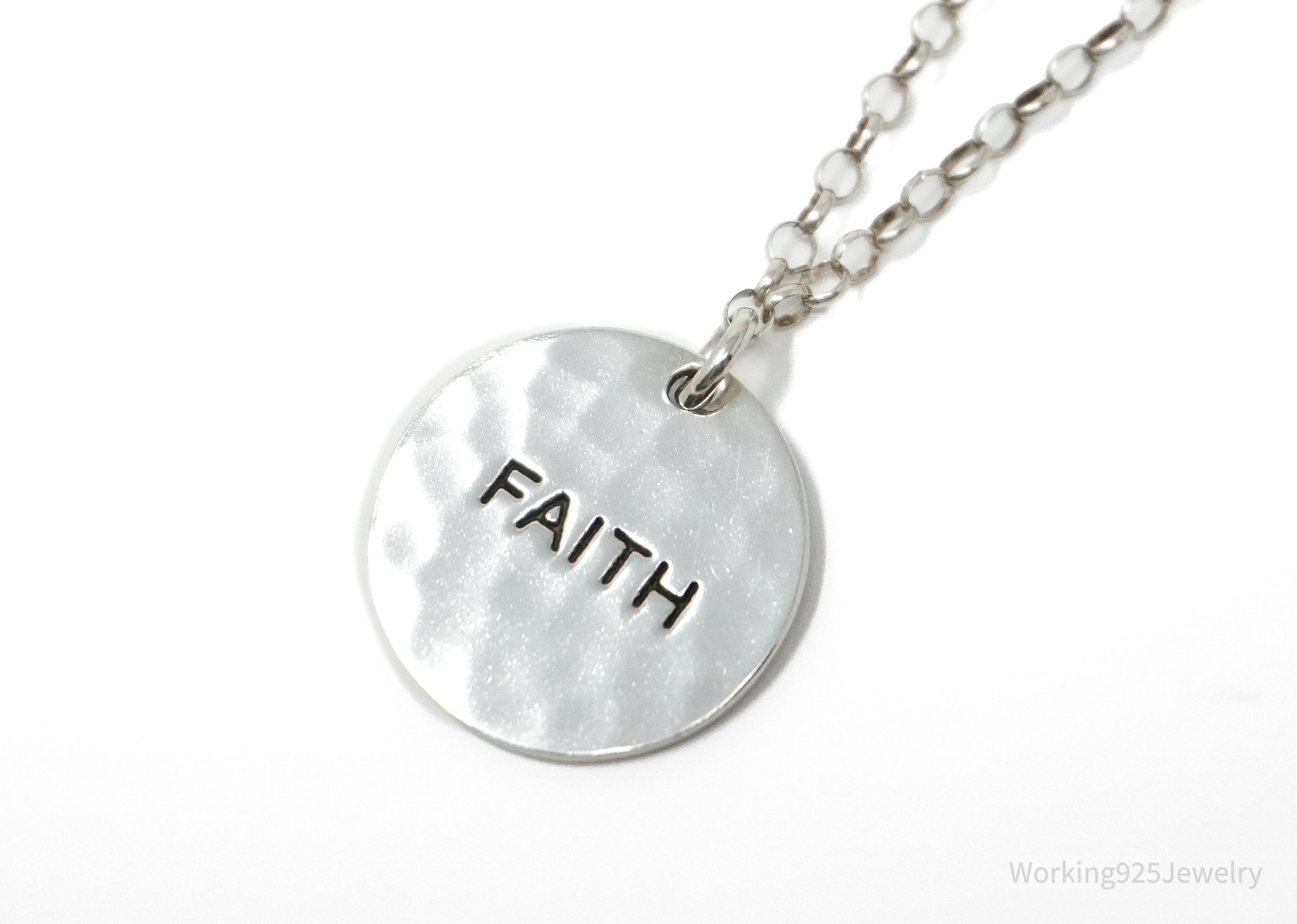 Vintage FAITH Sterling Silver Hammered Style Pendant Necklace 17"