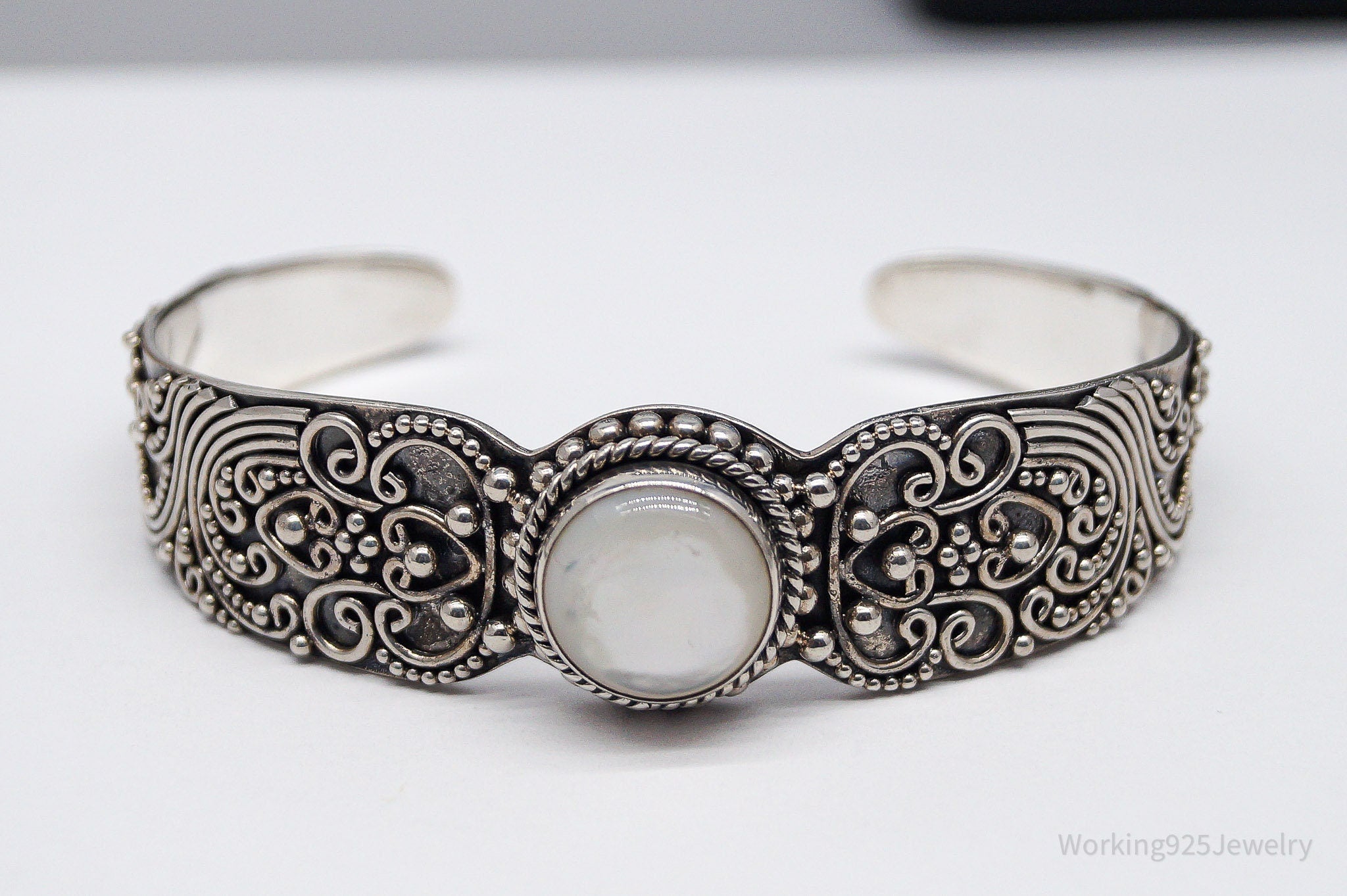 Vintage Designer BA Suarti Mother Of Pearl Sterling Silver Cuff Bracelet 7.25"