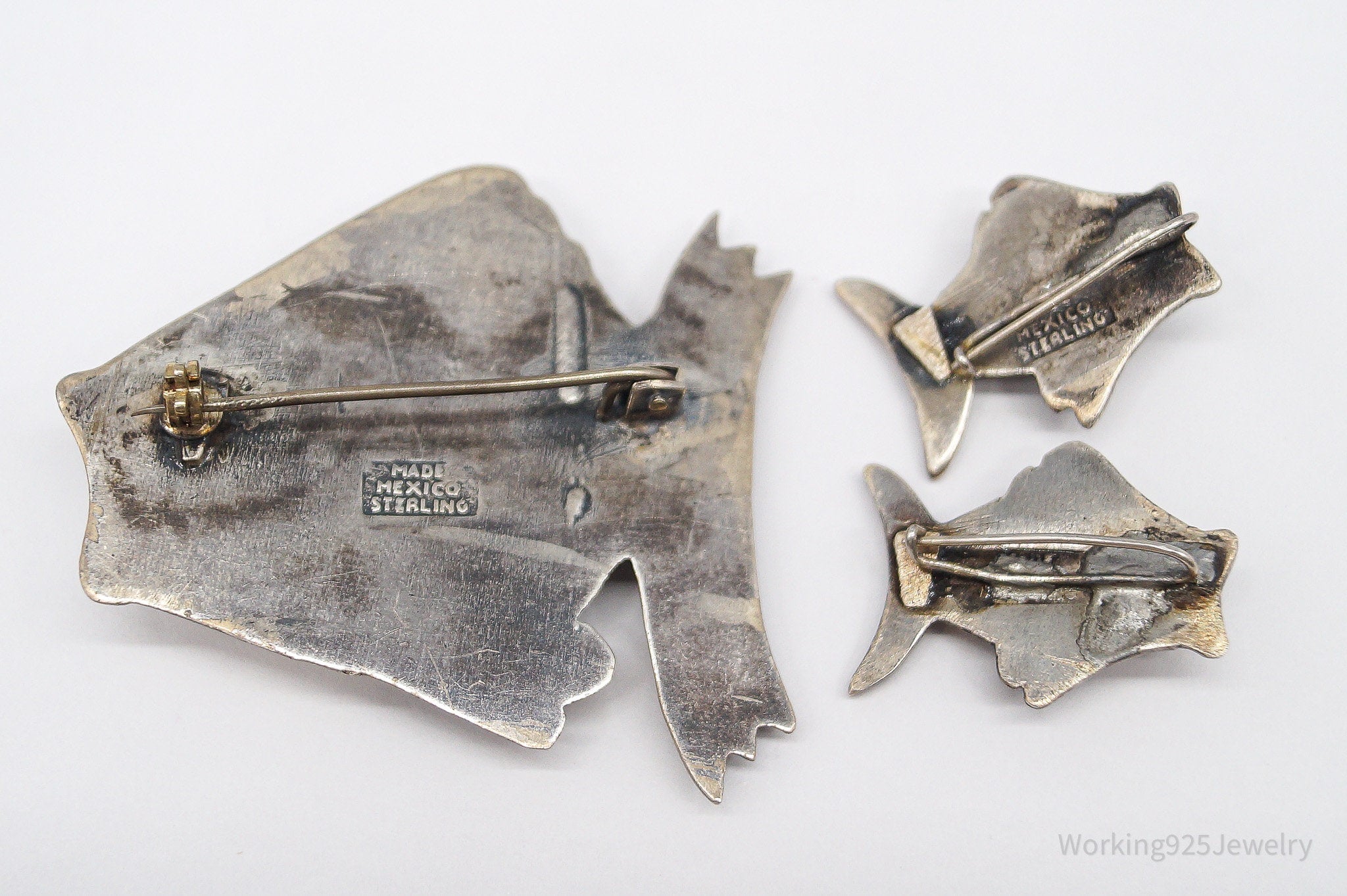 RARE Vintage Mexico Modernist Fish Turquoise Sterling Silver Brooch Pin & Earrings Set