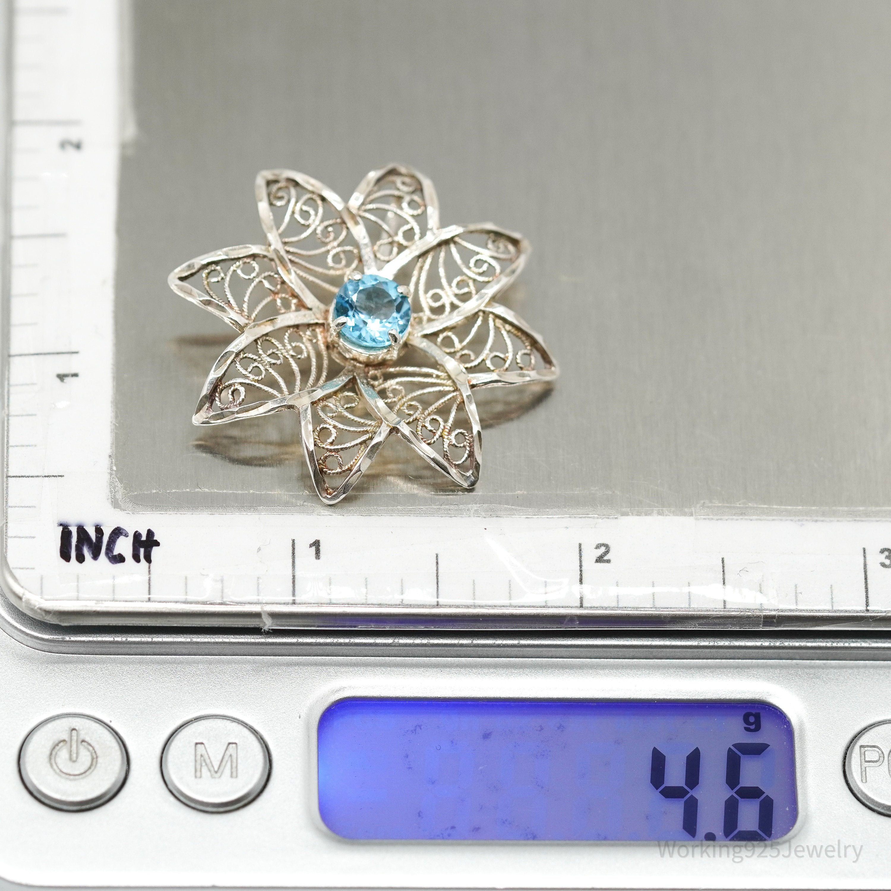Vintage Ornate Blue Topaz Flower Sterling Silver Necklace Pendant