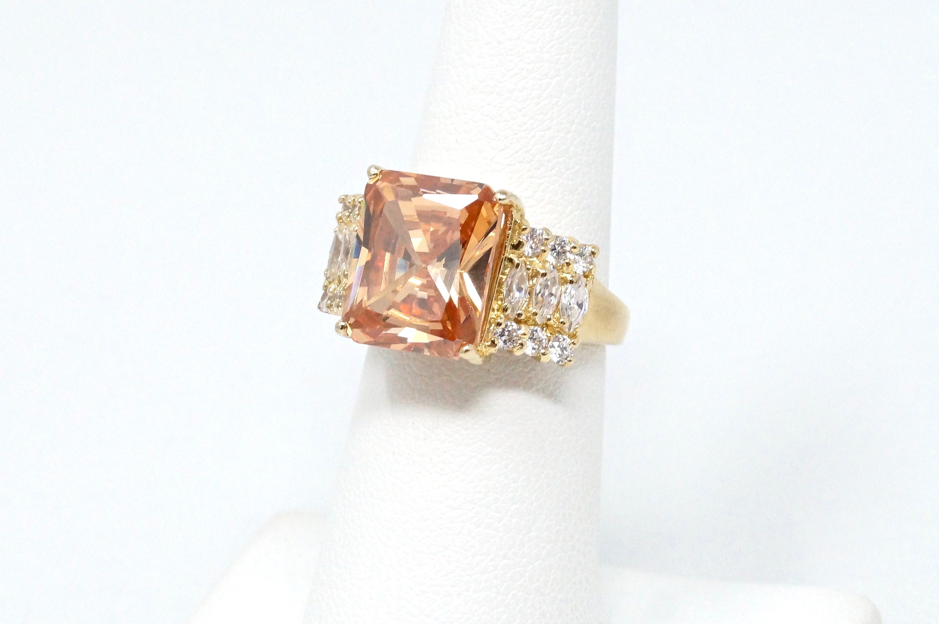 Vintage Art Deco Style Large Citrine Cz Accented Gold Vermeil Sterling Silver Statement Ring - Size 5.75