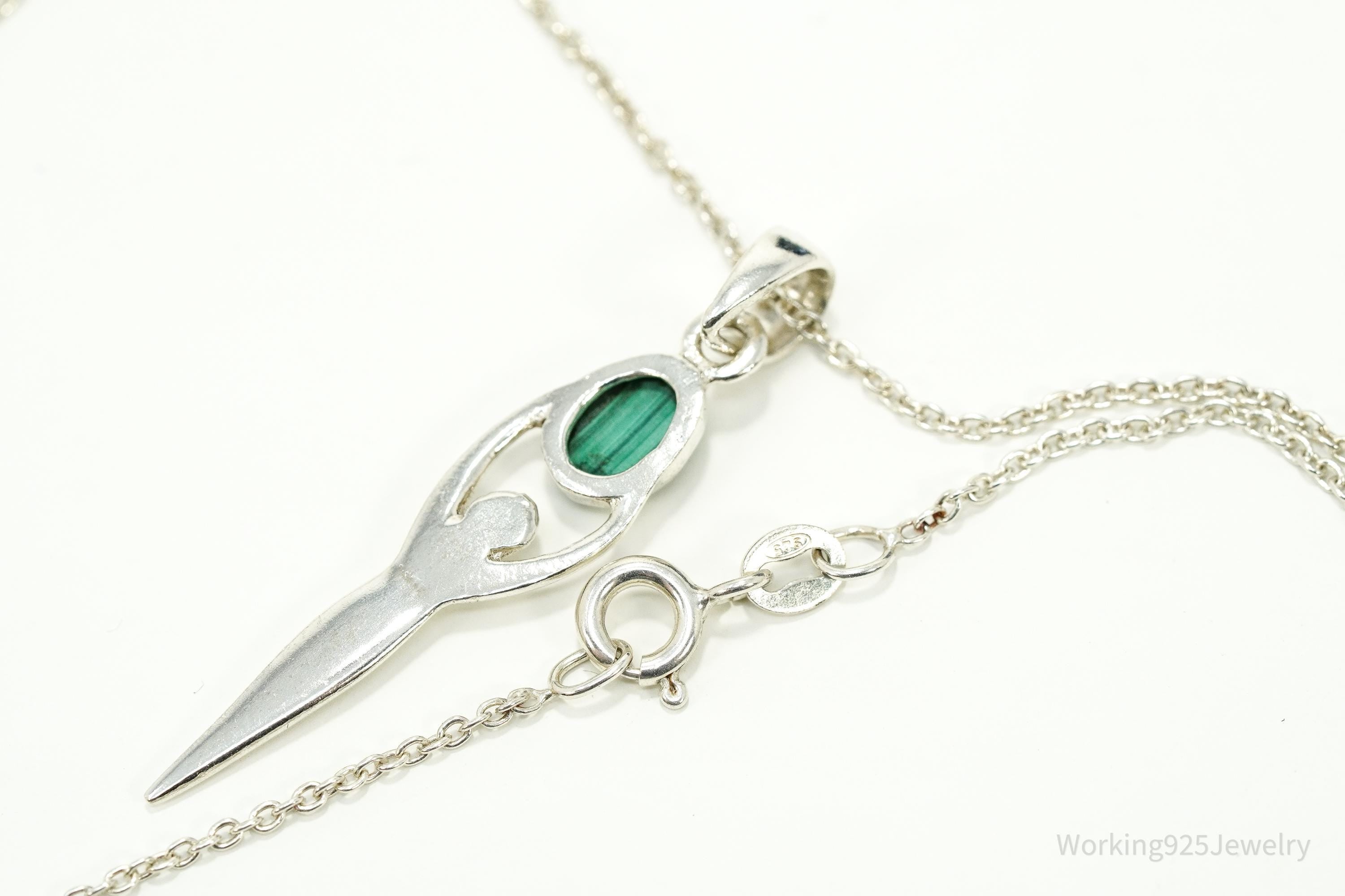 Vintage Malachite Goddess Sterling Silver Necklace 16"