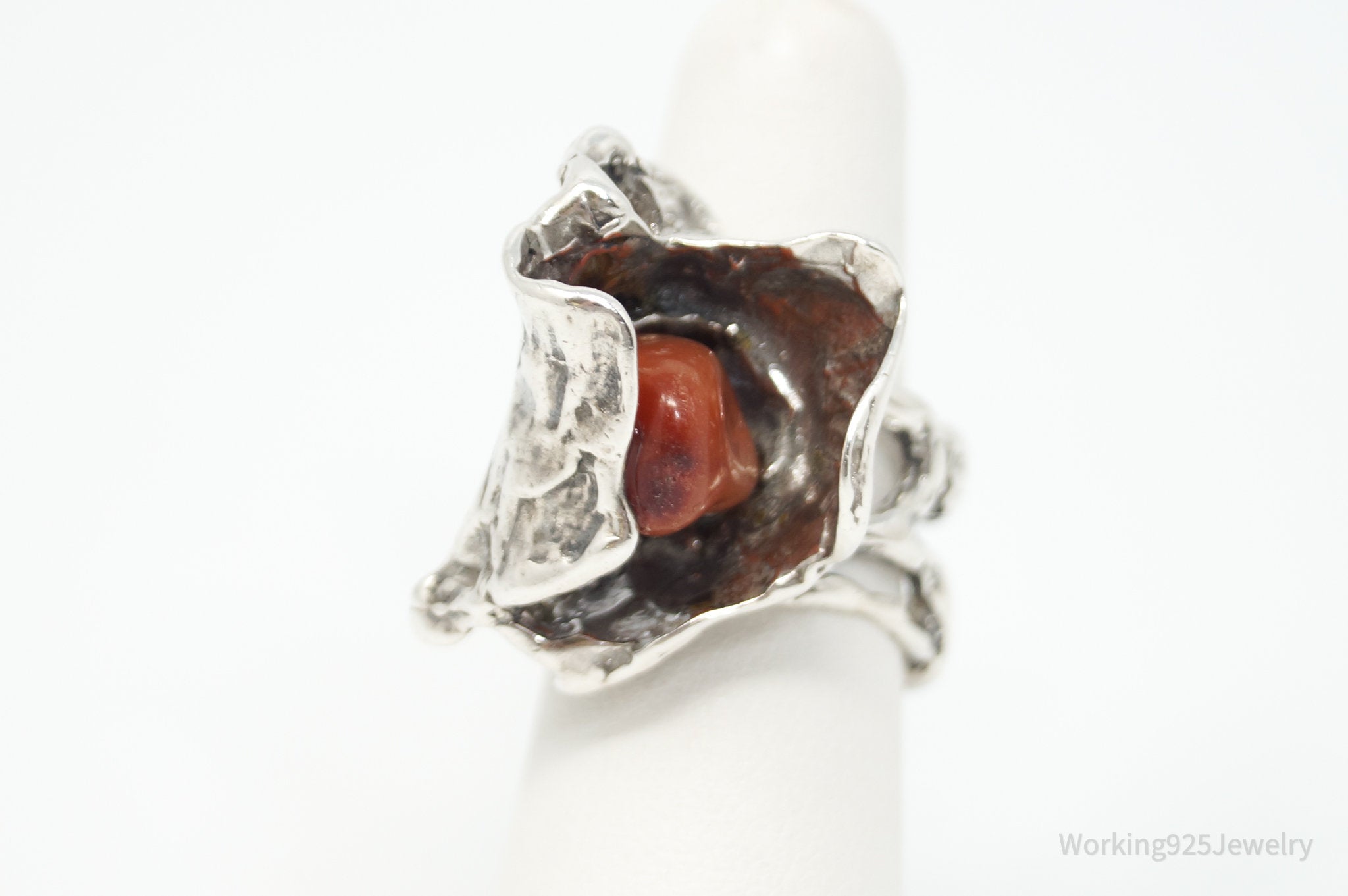 Vintage Red Agate Brutalist Sterling Silver Ring - Sz 7