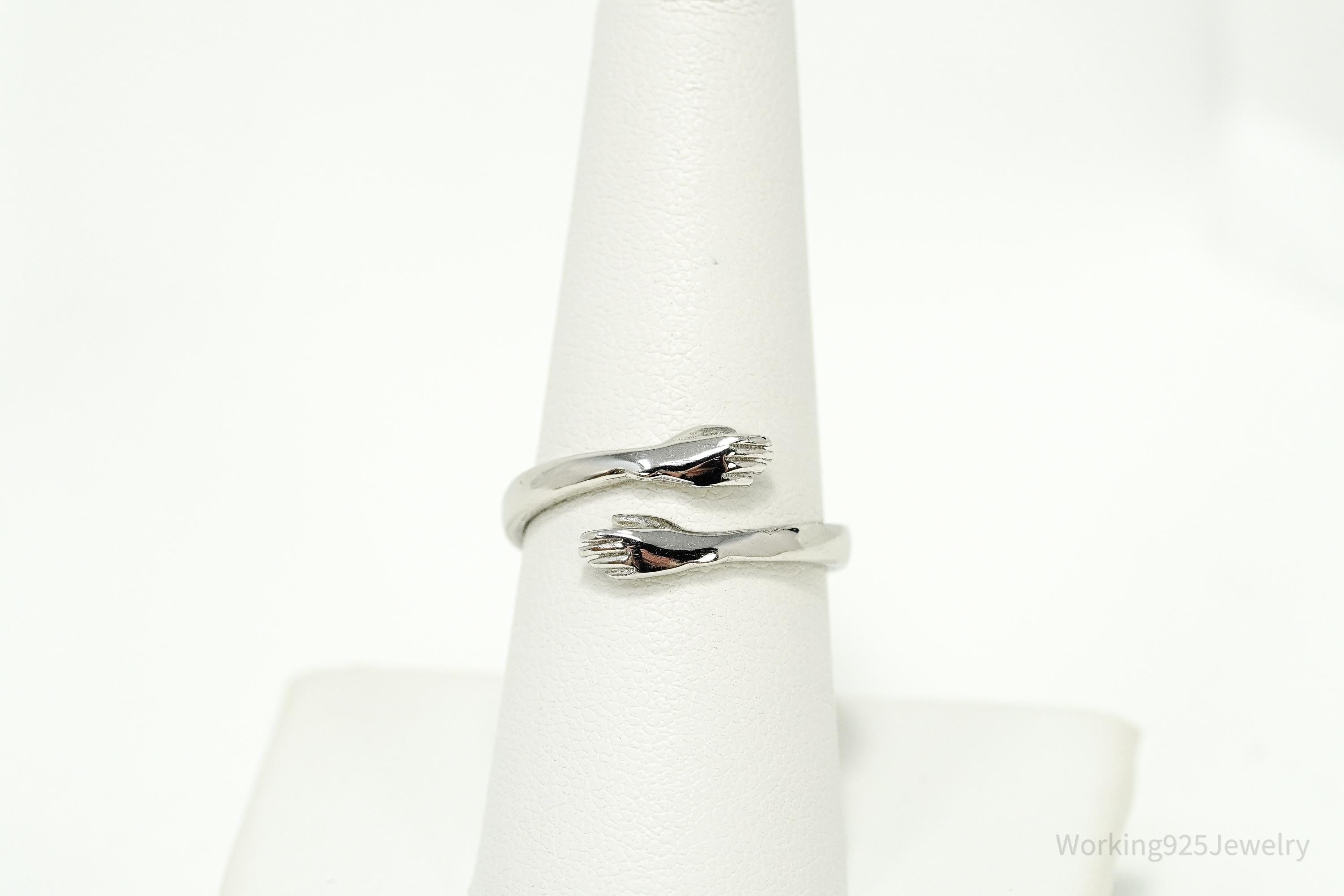 Vintage Hugging Hands Sterling Silver Wrap Ring - Size 8 Adjustable