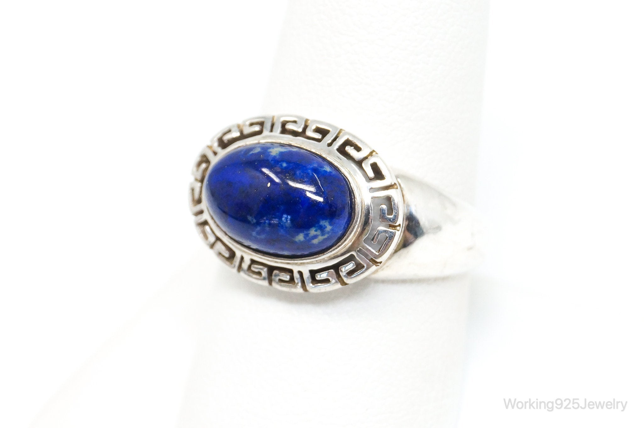 VTG Designer GV Lapis Lazuli Greek Key Design Sterling Silver Ring - SZ 9