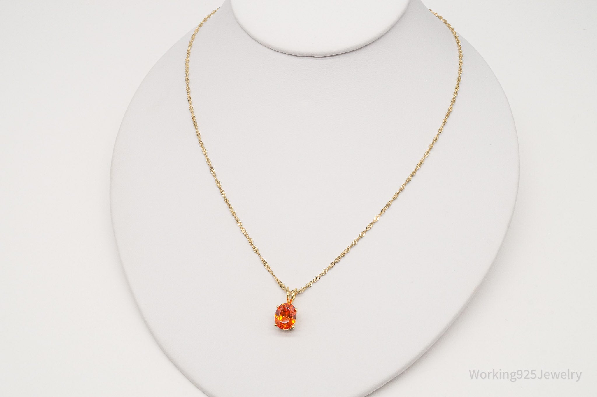 Vintage Fire Orange Cubic Zirconia Gold Vermeil Sterling Silver Necklace 18"