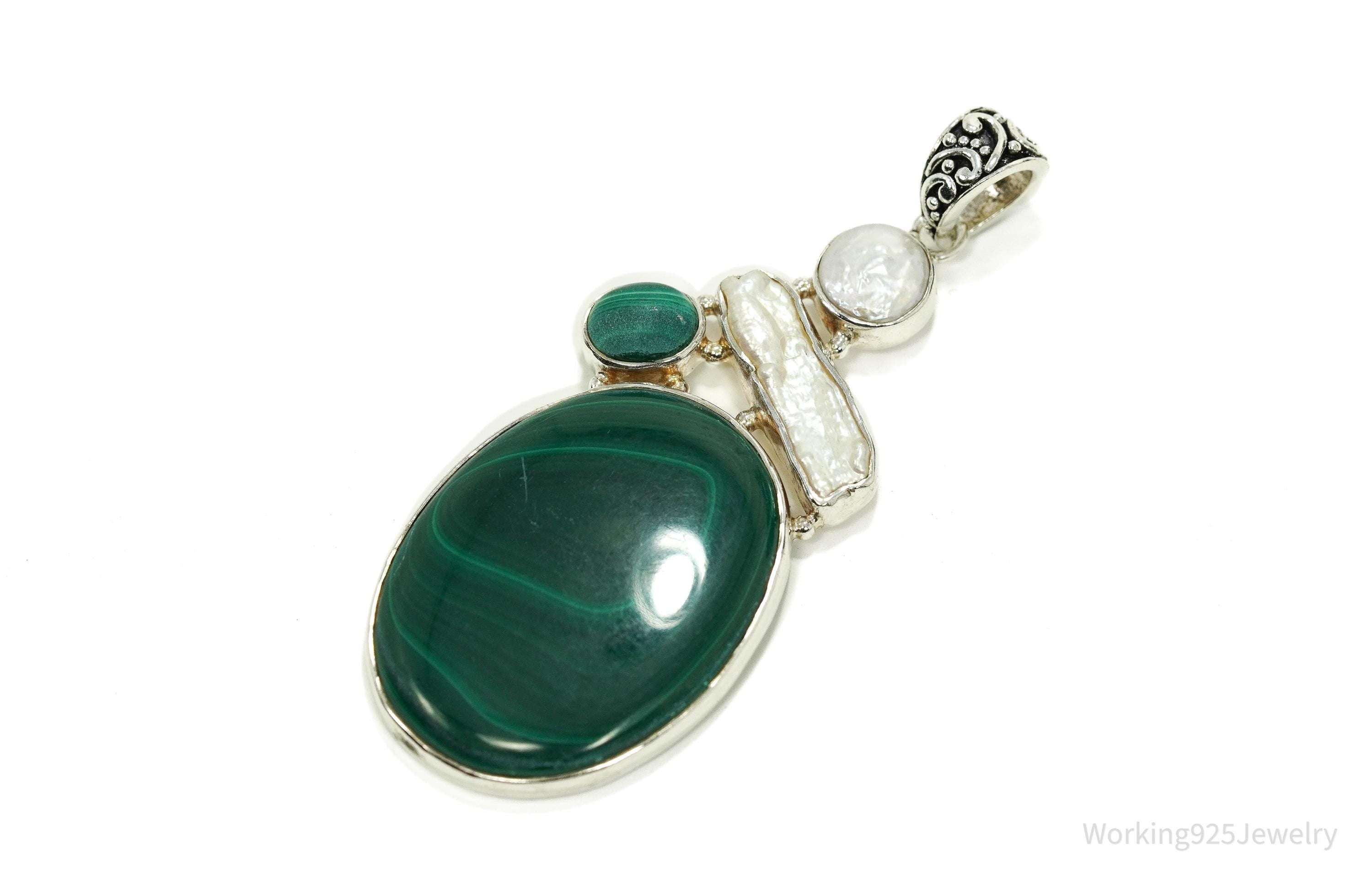 Large Vintage Malachite & Pearl Sterling Silver Necklace Pendant