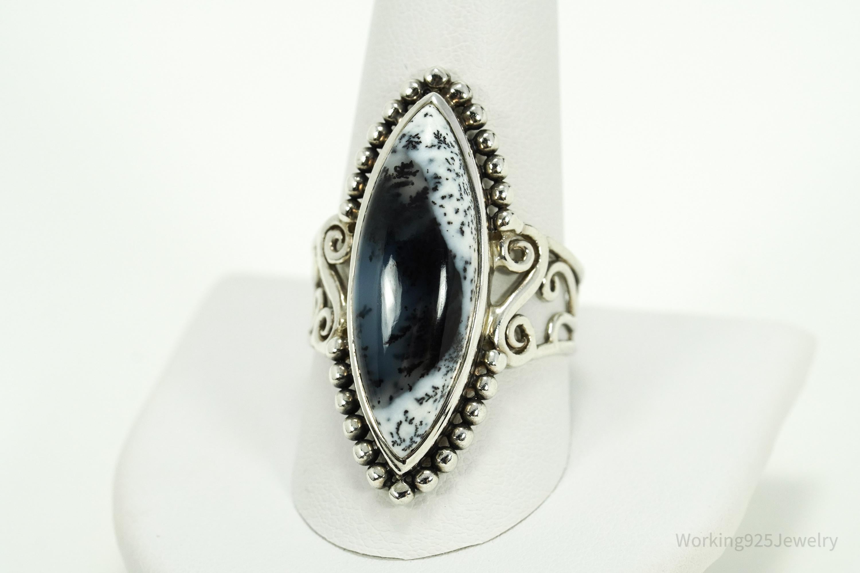 Vintage Designer Arya Dendritic Agate Sterling Silver Ring - Size 10.75