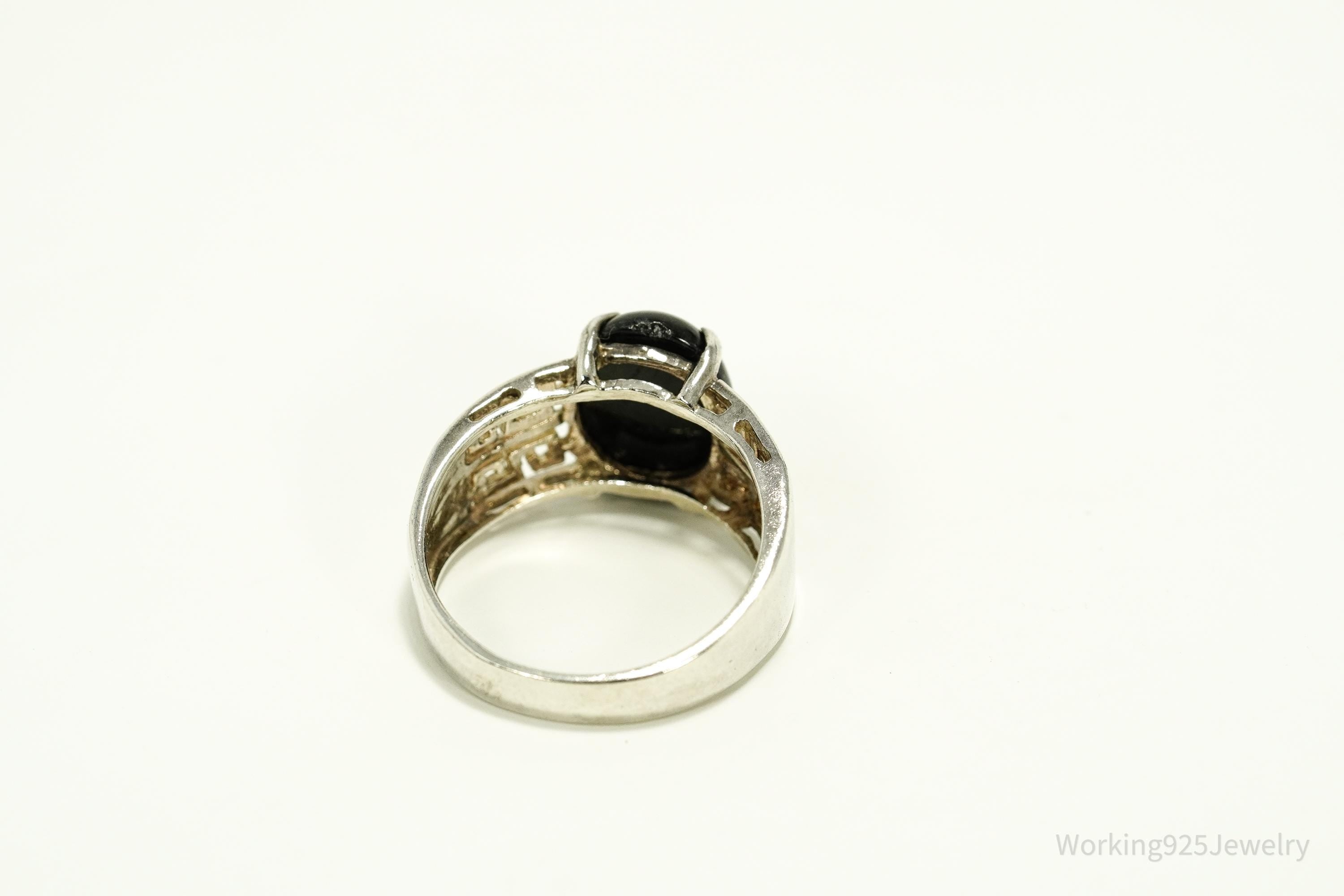 Vintage Black Nephrite Jade Sterling Silver Ring - Size 9