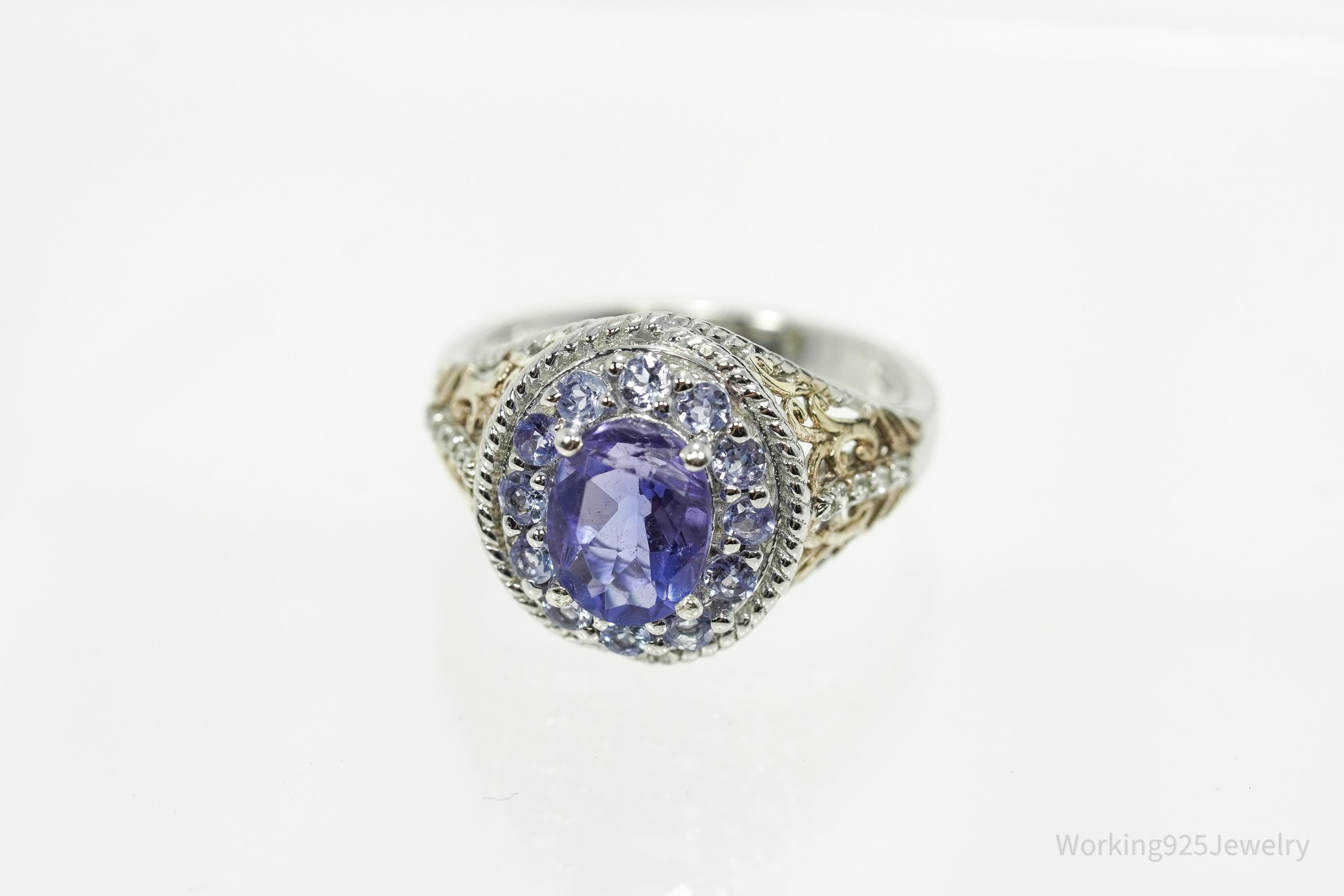 Vintage Tanzanite & White Topaz Gold Vermeil Sterling Silver Ring Size 9