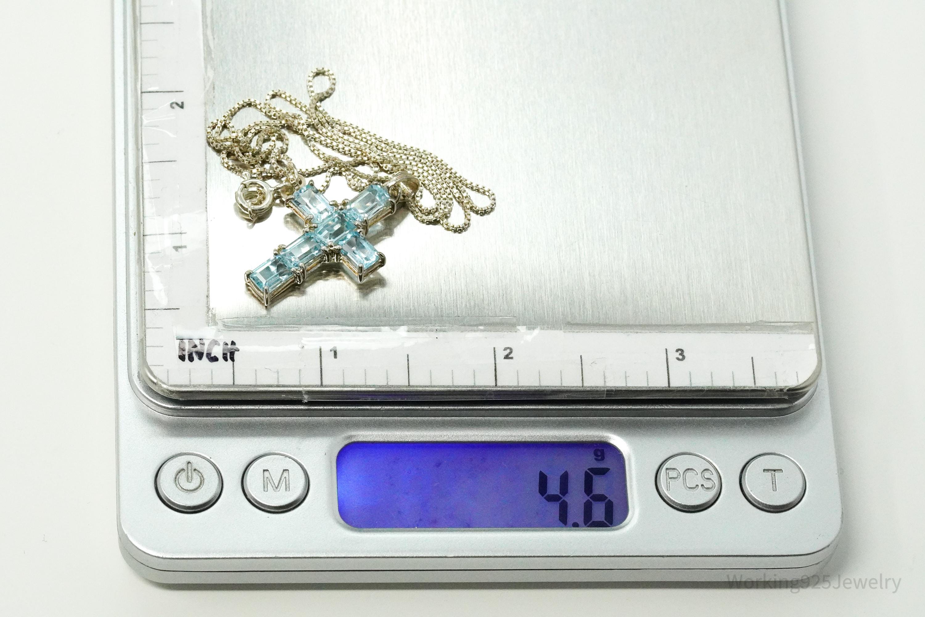 Vintage Blue Topaz Cross Sterling Silver Necklace 18"