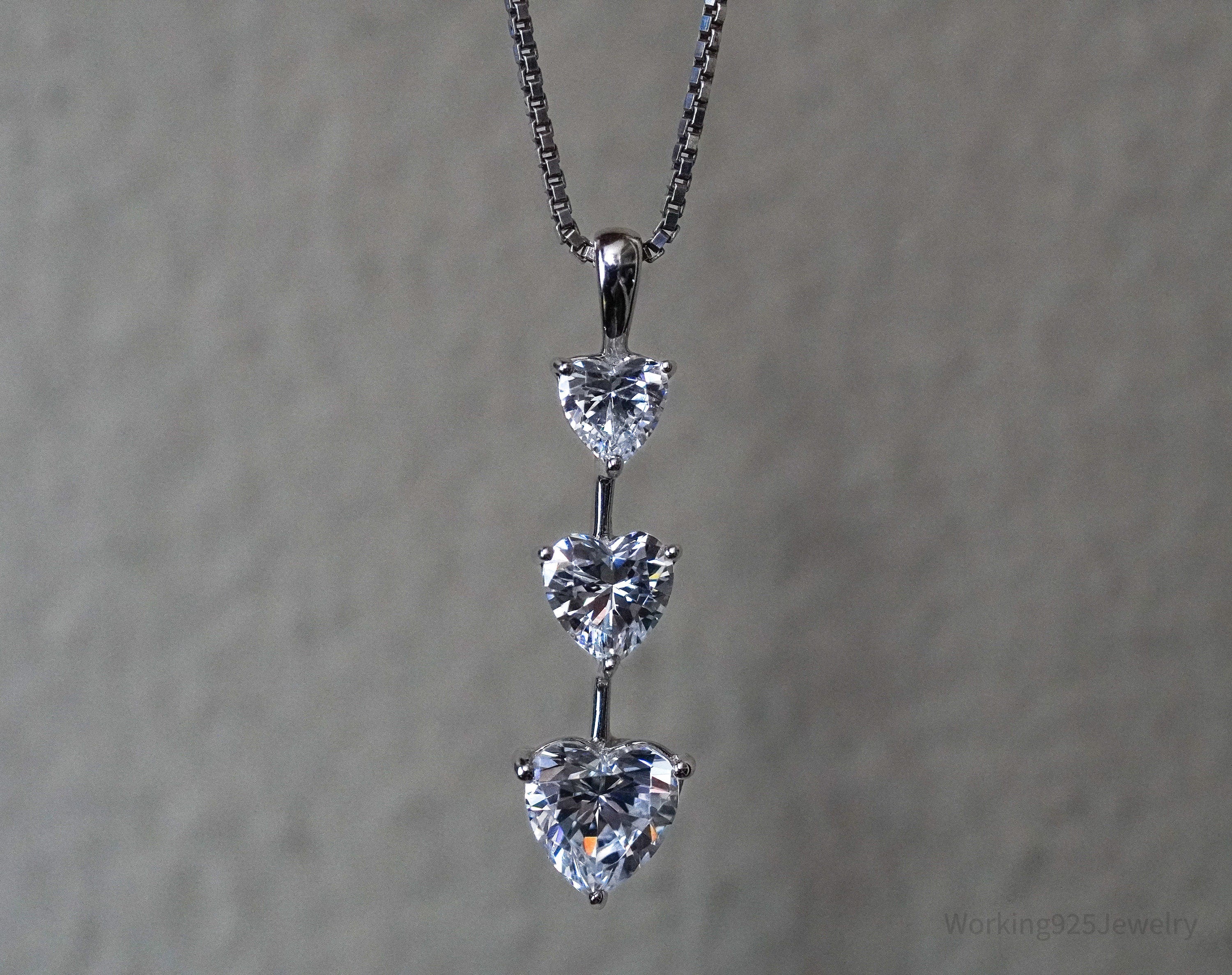 Vintage Cubic Zirconia Hearts Sterling Silver Necklace 20"