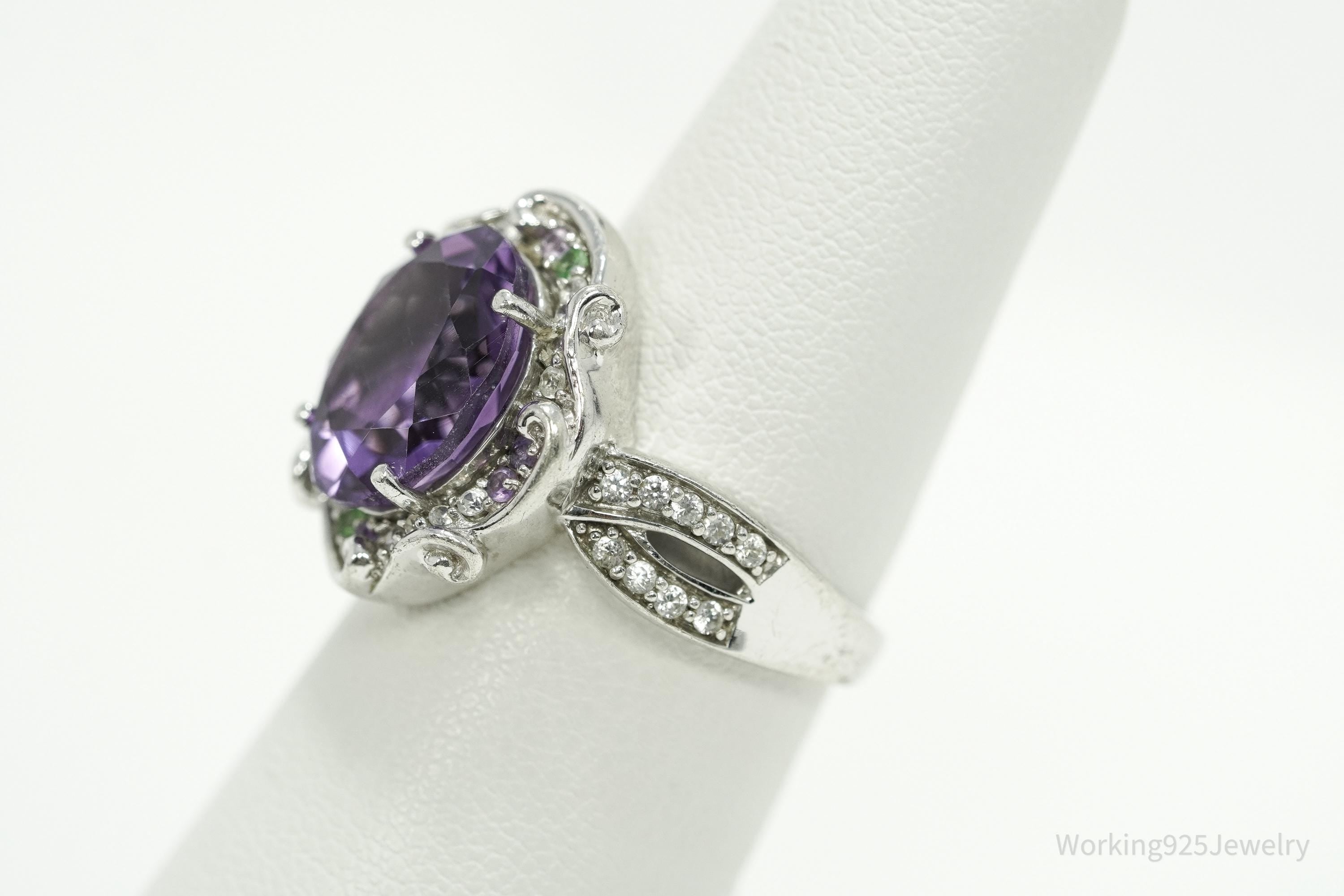 Vintage Amethyst, Cubic Zirconia, & Peridot Sterling Silver Ring - Size 6