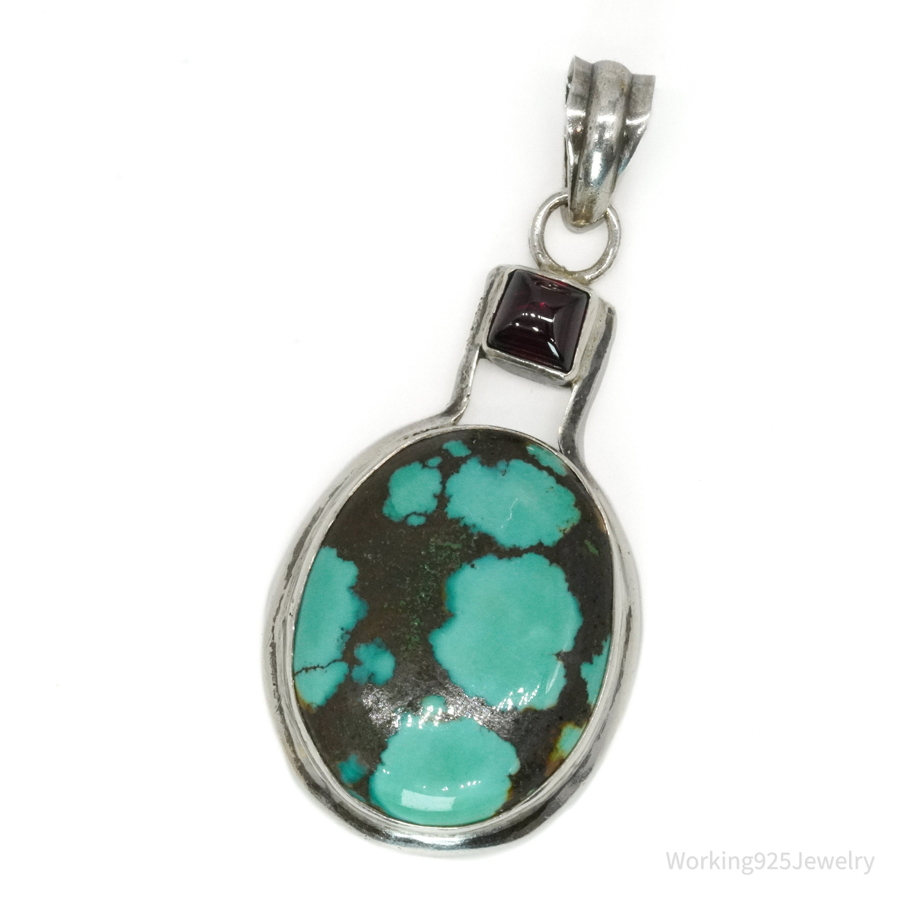 Vintage Turquoise & Rhodolite Garnet Sterling Silver Pendant