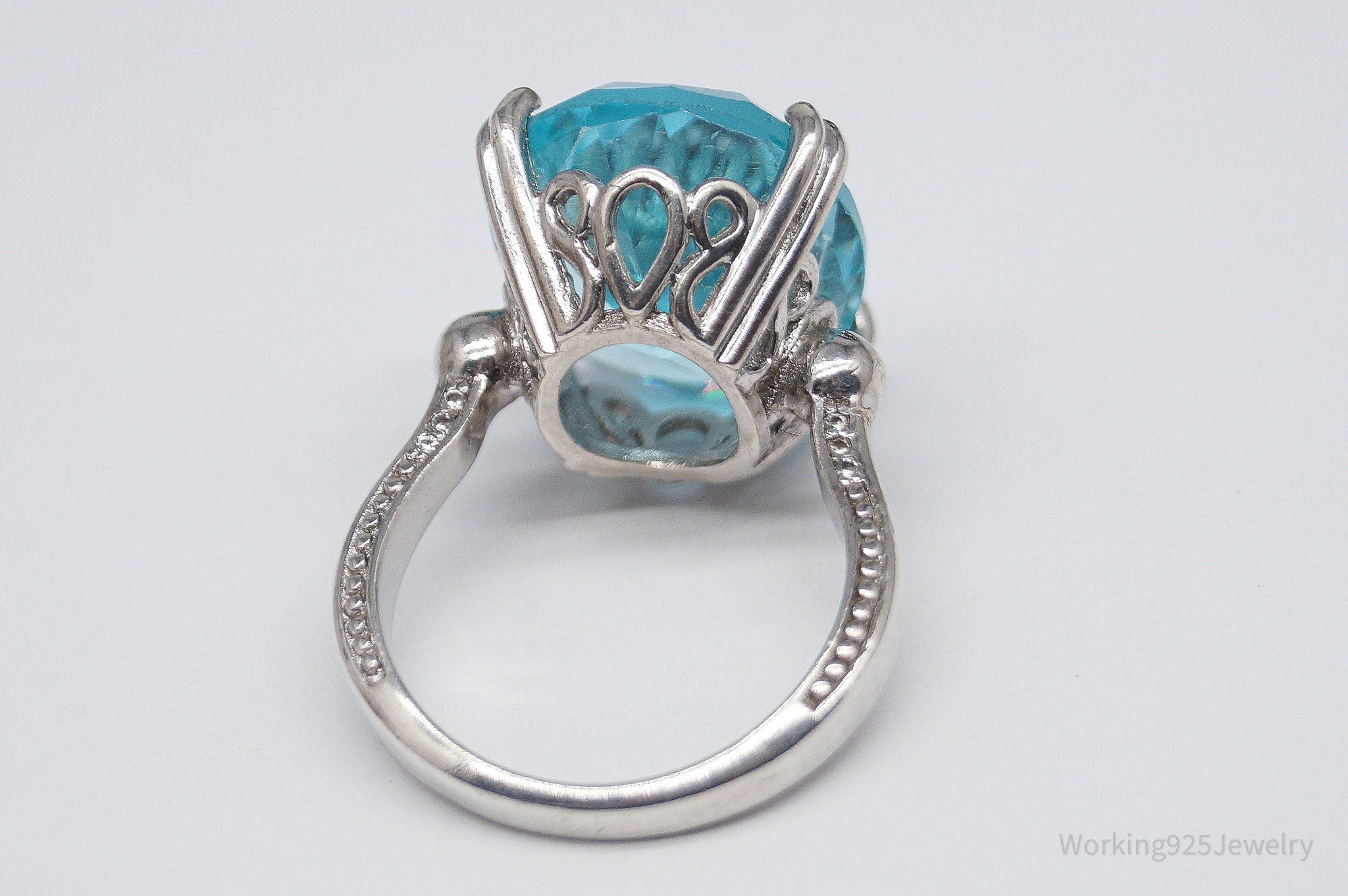 Vintage ATR Large Glass Faux Blue Topaz Sterling Silver Ring - Size 7.25