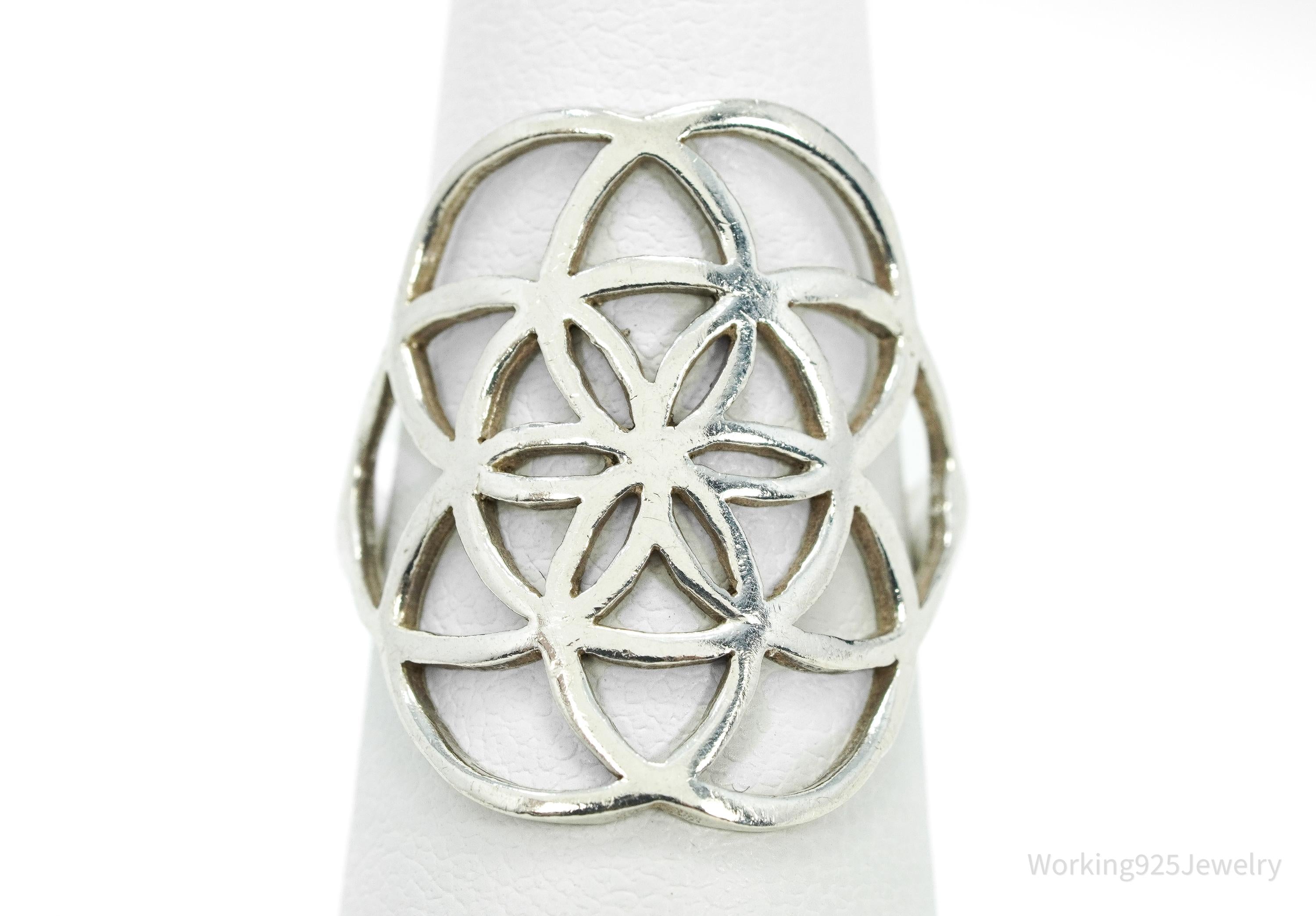 Vintage Flower Seed Of Life Sterling Silver Ring - Size 6