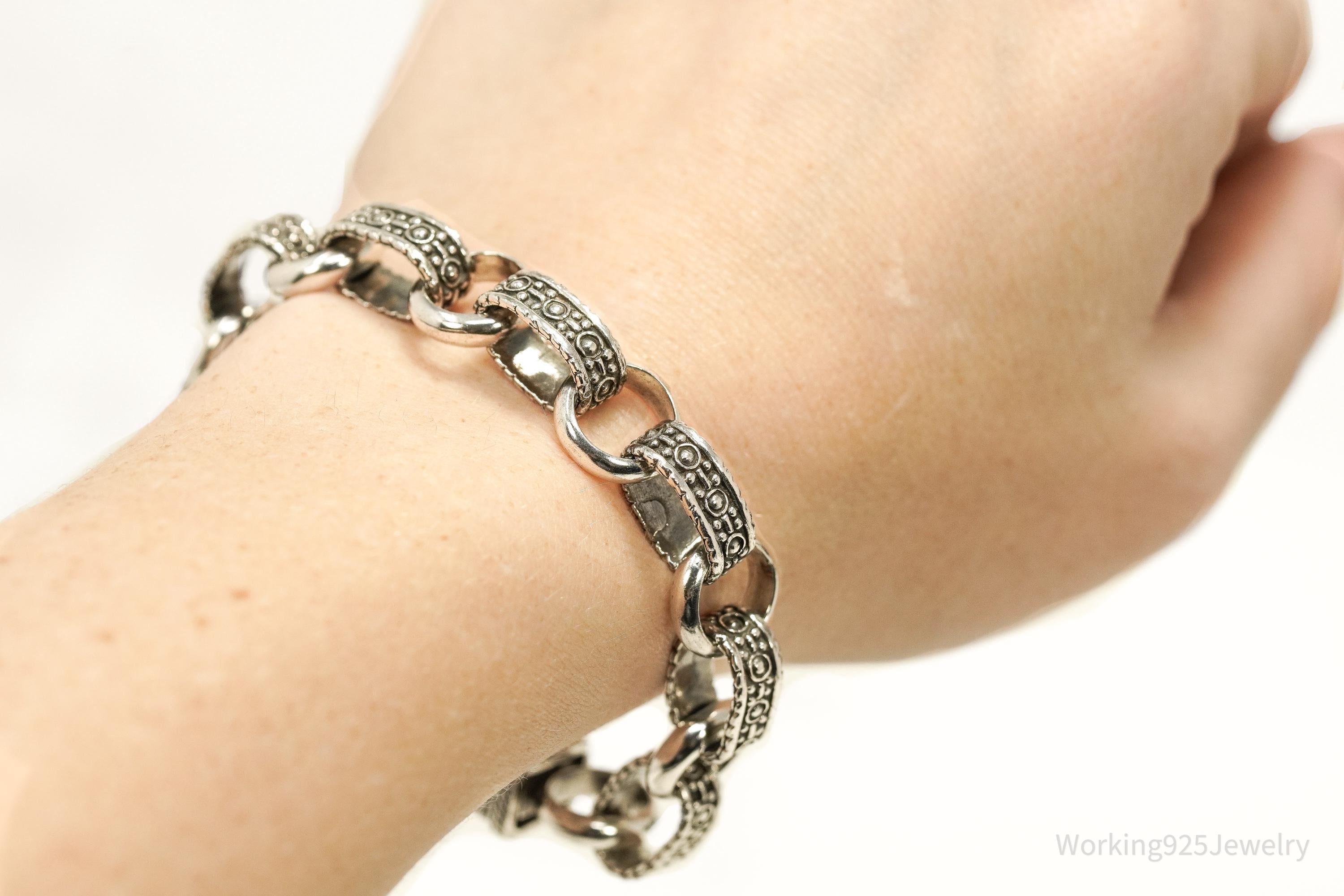 Vintage Ornate Filigree Design Large Link Silver Chain Bracelet 8"