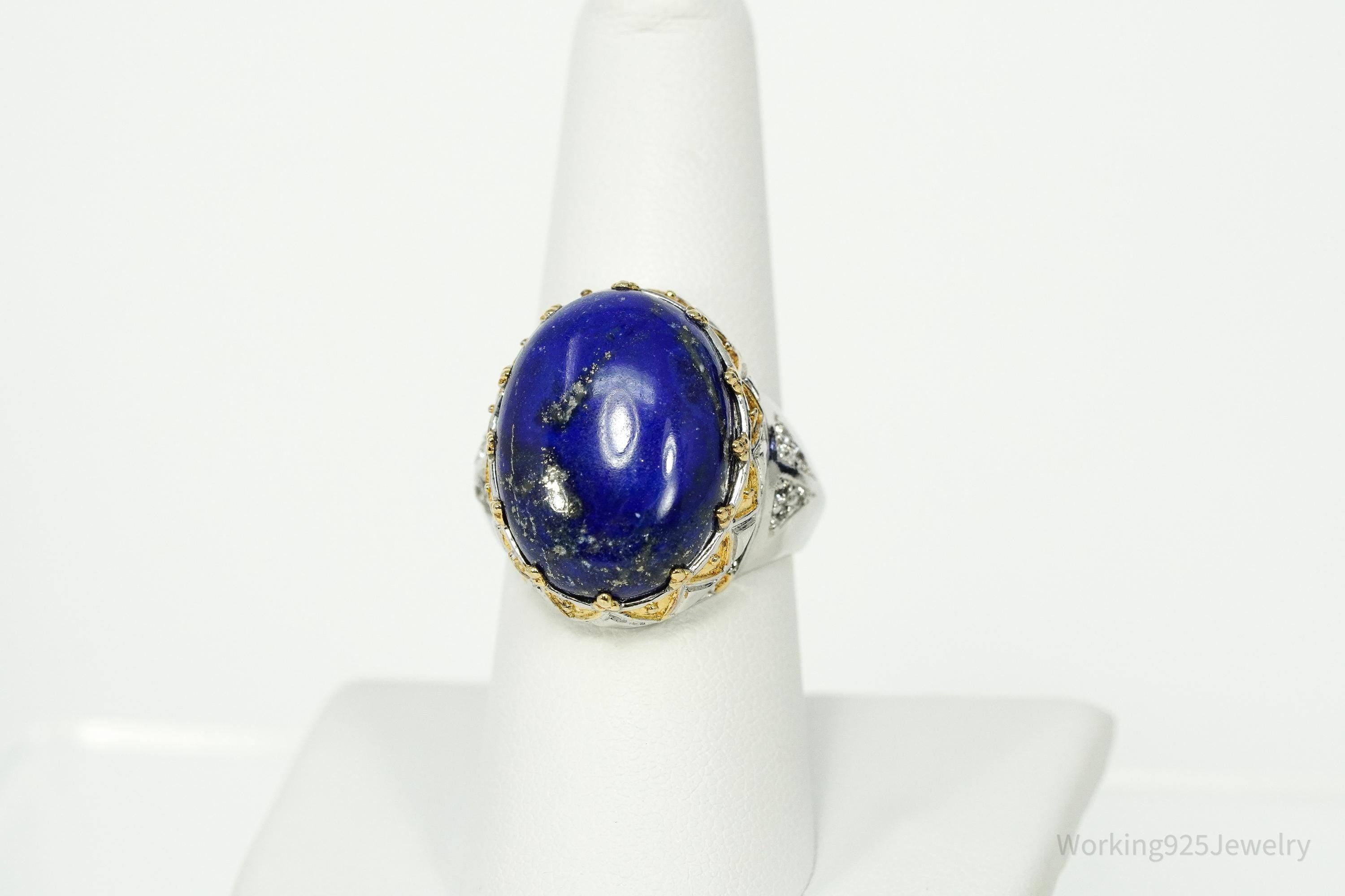 Michael Valitutti Lapis Lazuli White Sapphire Yellow Gold Sterling Silver Ring SZ 8