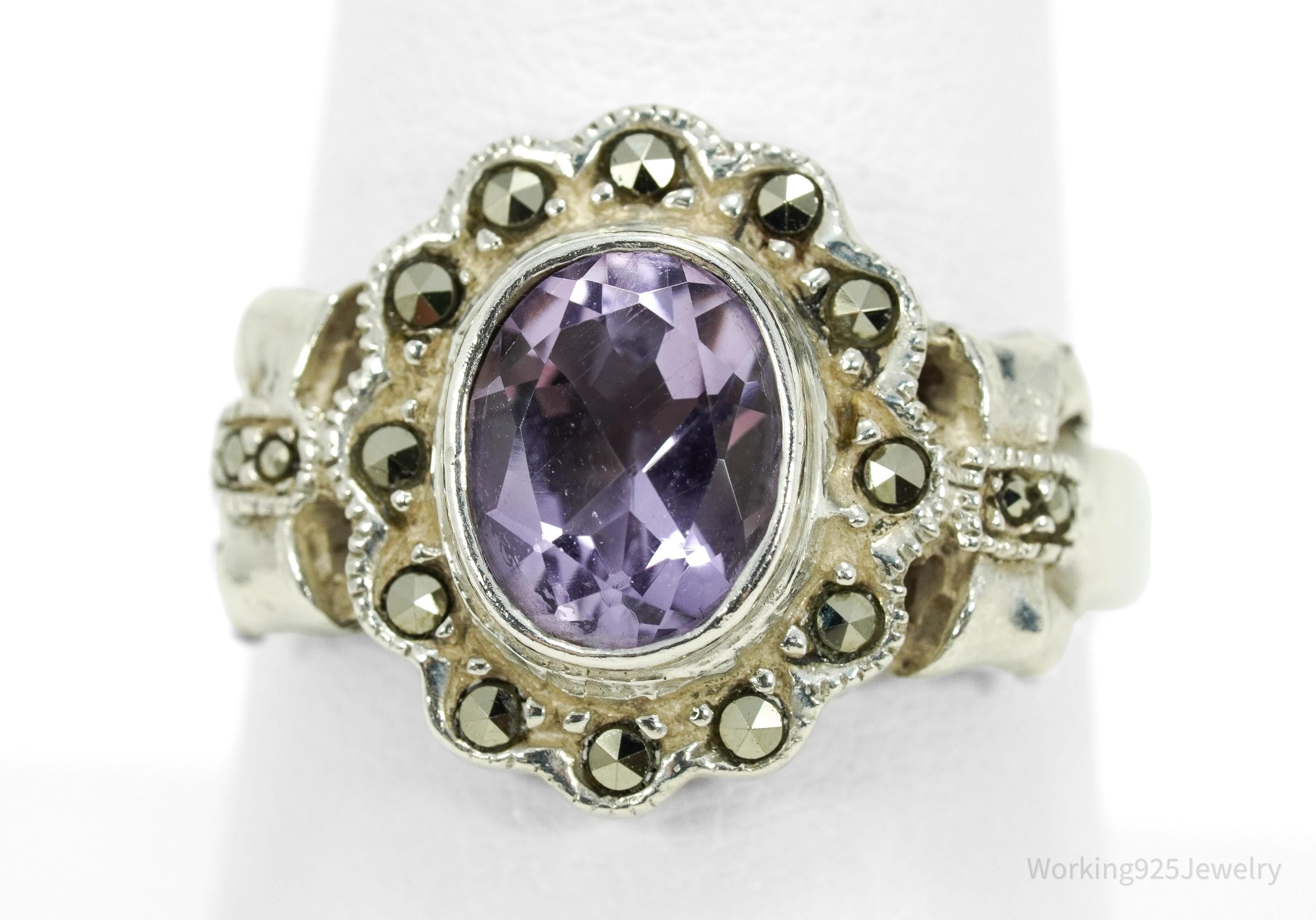 Vintage Amethyst & Marcasite Sterling Silver Ring - Size 9