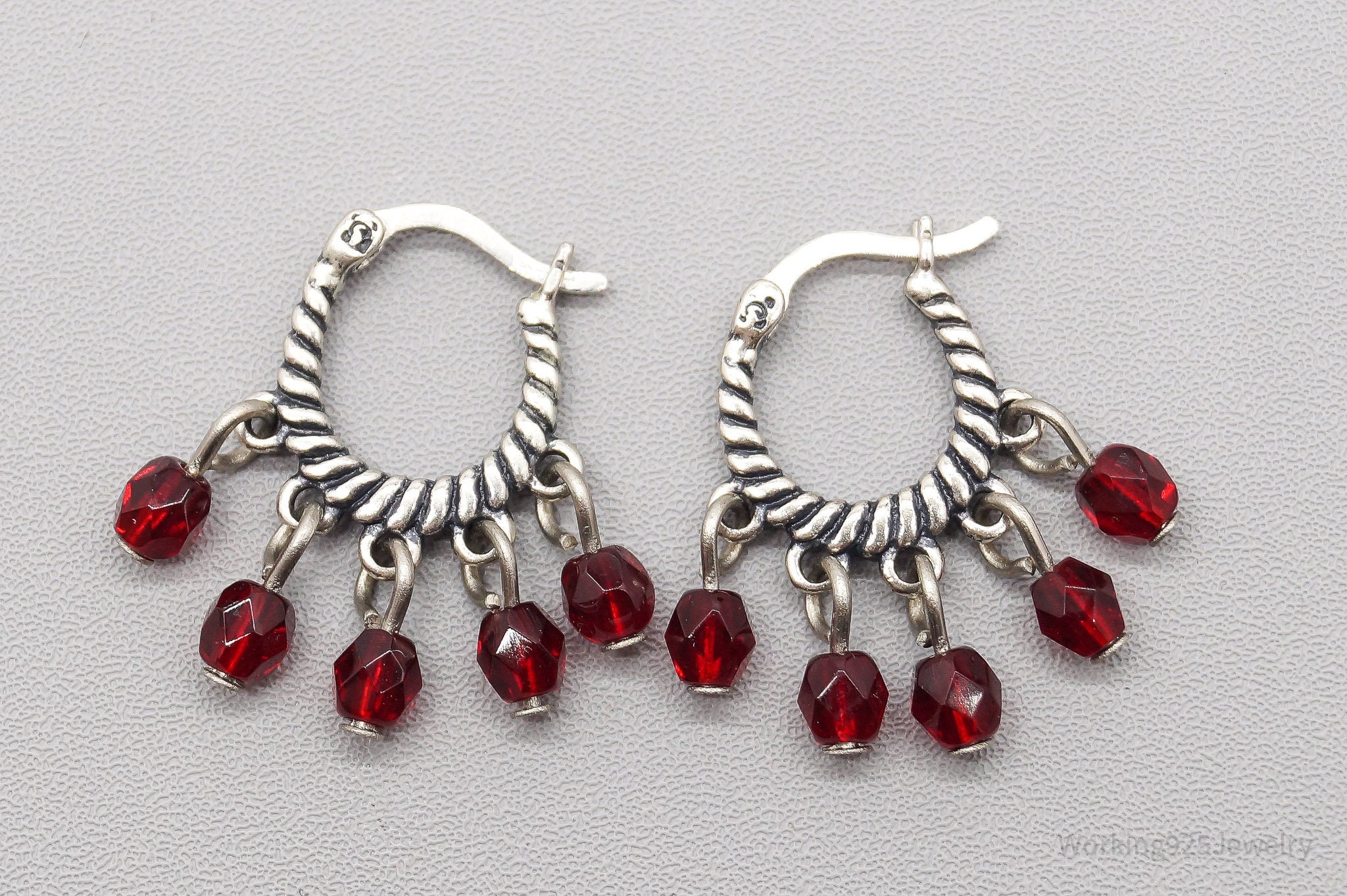 Vintage Red Crystal Sterling Silver Hoop Earrings