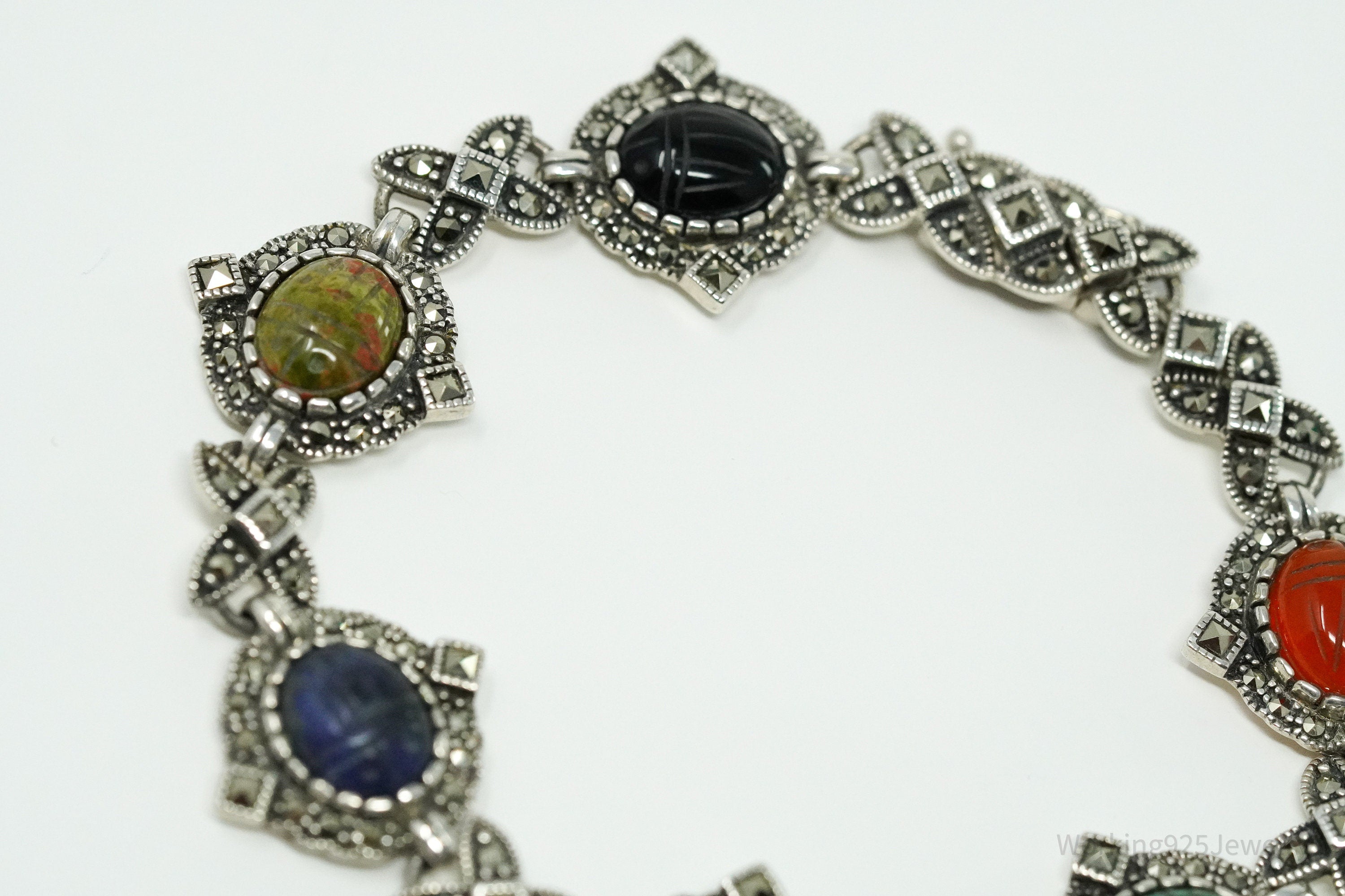 Vintage Carved Scarab Multiple Gemstone Sterling Silver Bracelet 7.5"