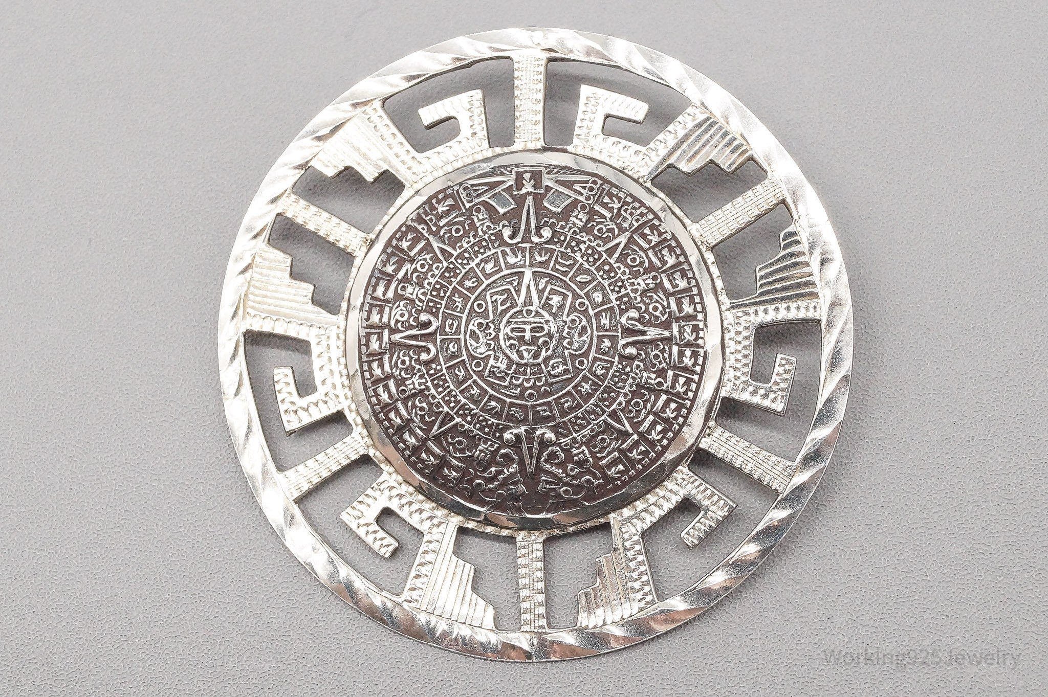 Vintage Large Mexico Mayan Calendar Sterling Silver Pin Brooch Pendant