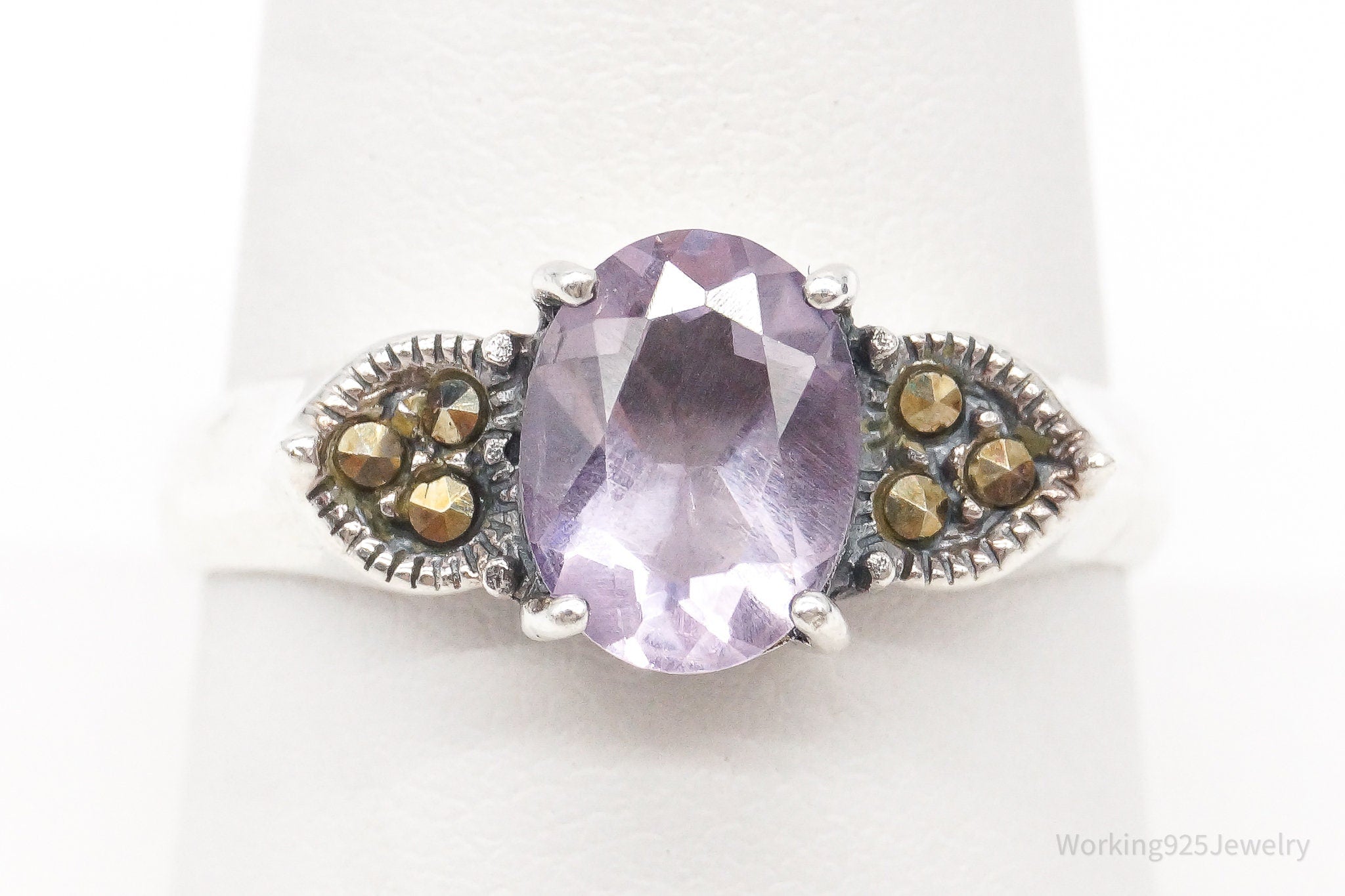 Vintage Marcasite Amethyst Sterling Silver Ring - Size 8.75