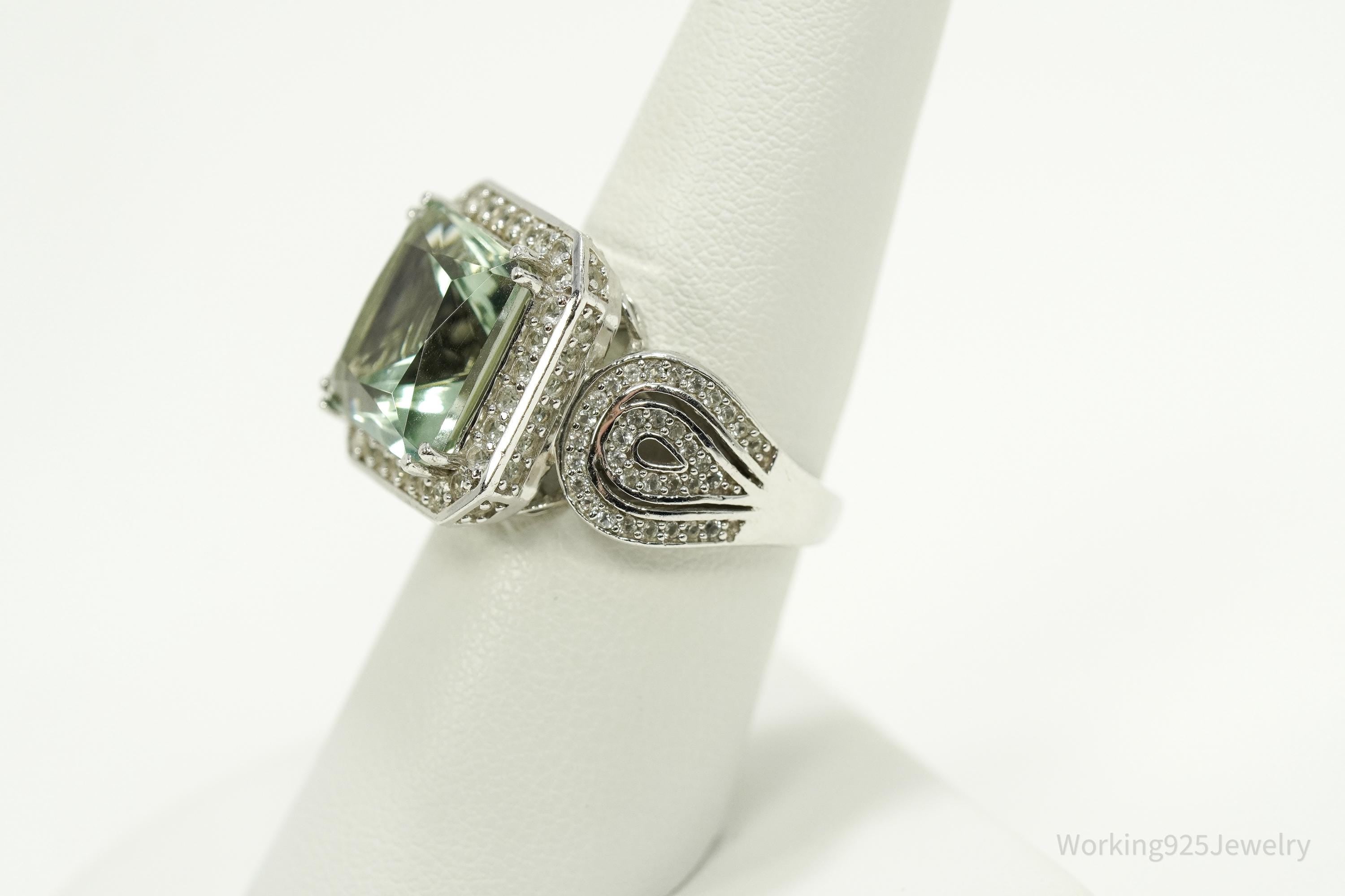 Large Green Amethyst & White Topaz Sterling Silver Ring - Size 7