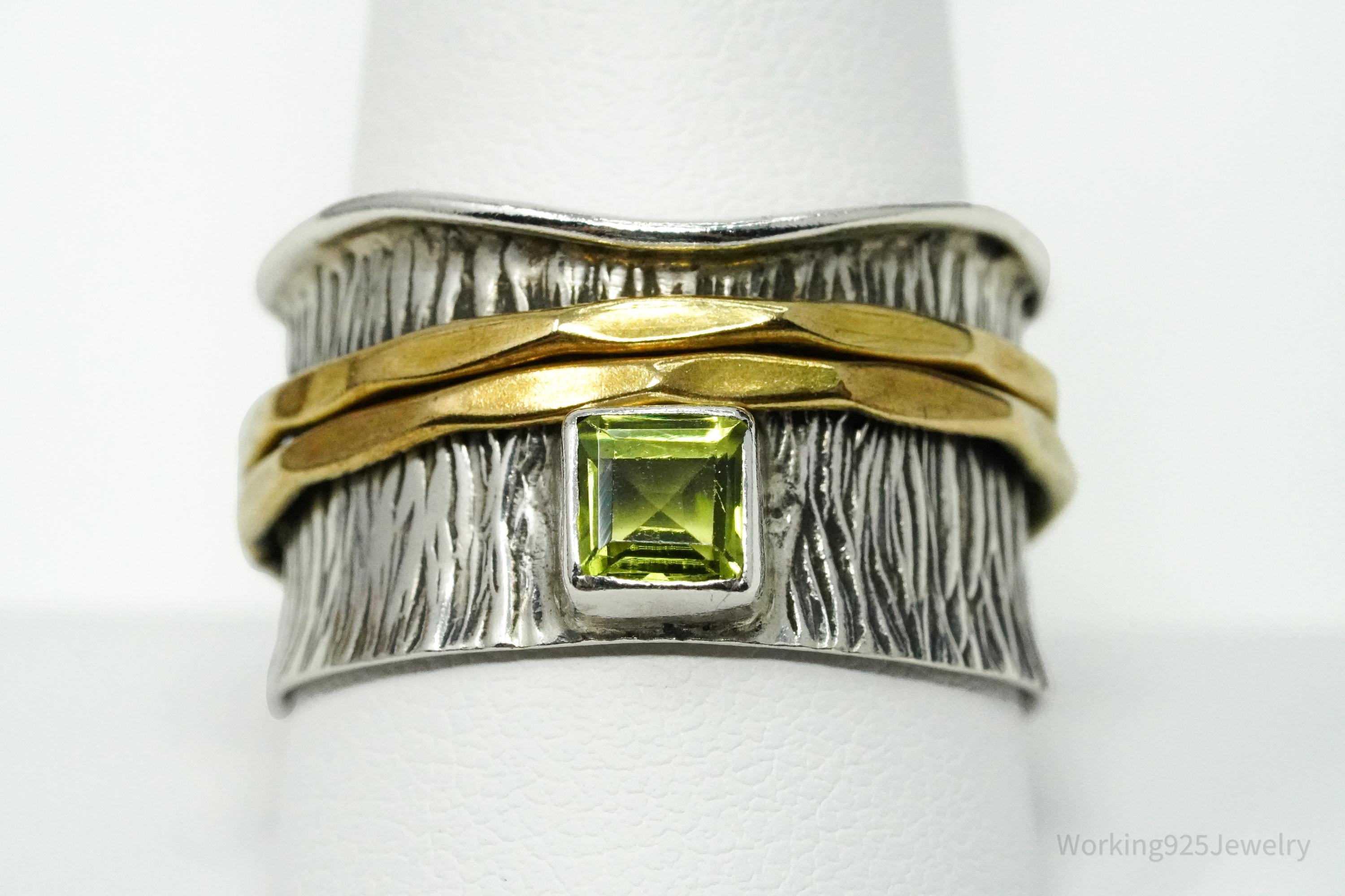 Vintage Peridot Brass Sterling Silver Spinner Band Ring- Size 10.75
