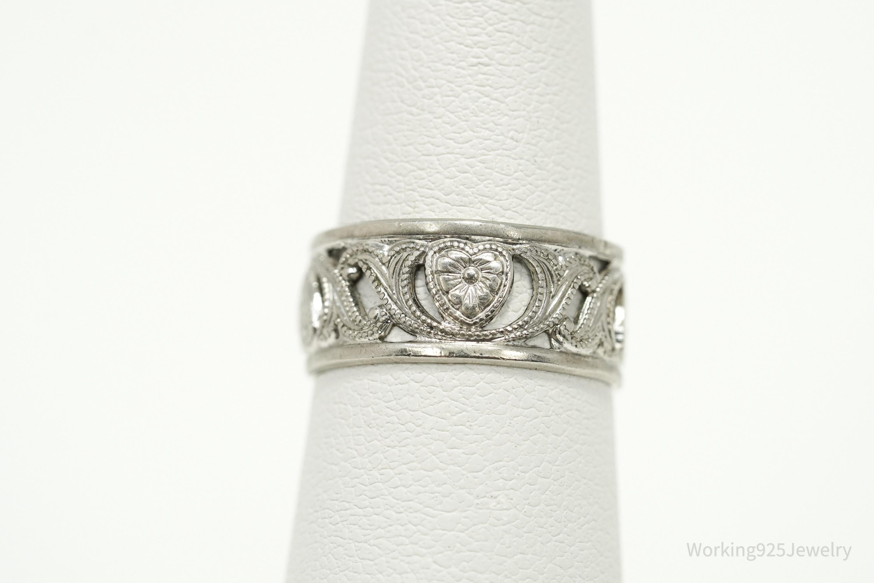 Antique Floral Hearts Patter Sterling Silver Band Ring - Size 5.25