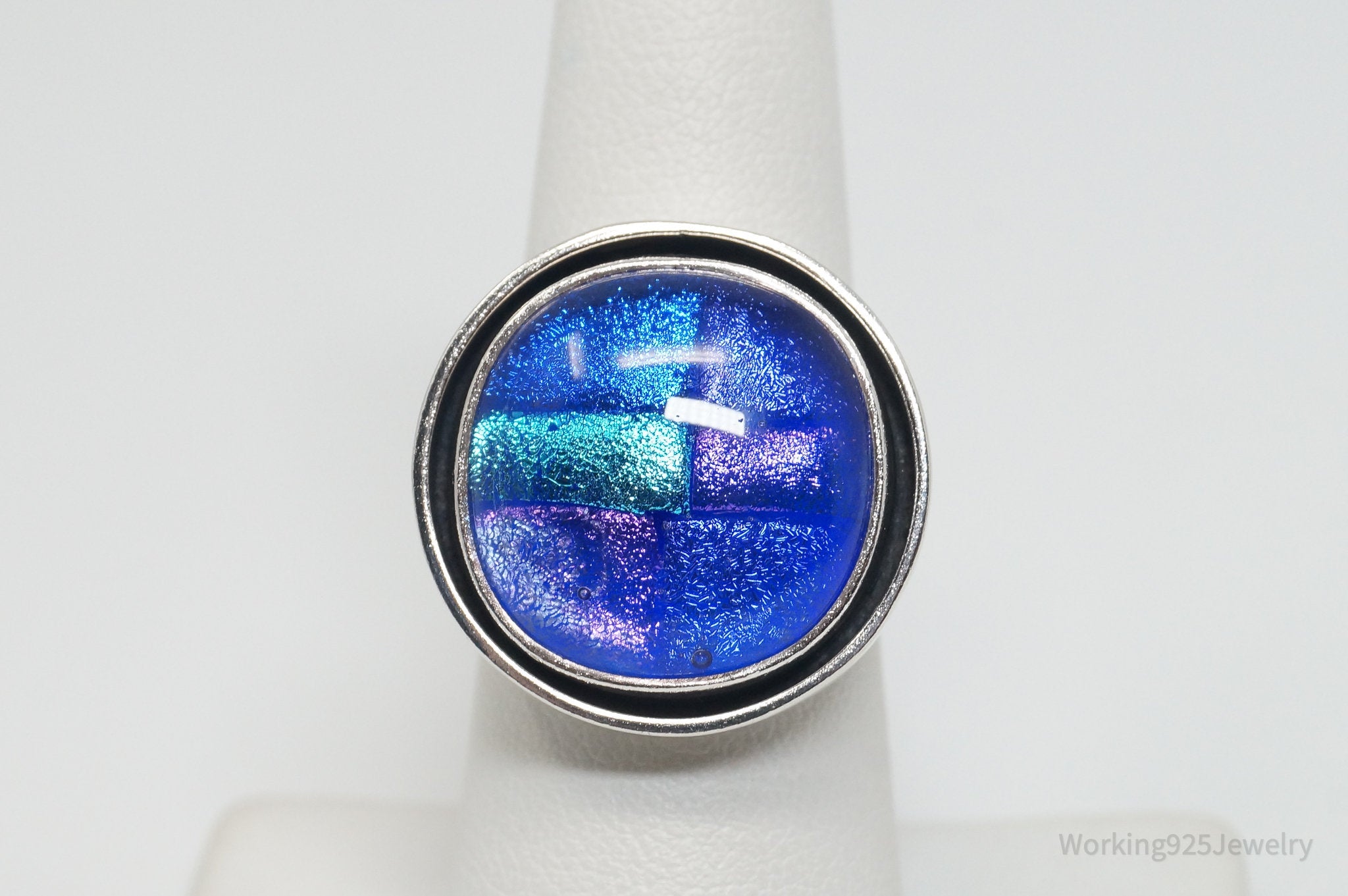 Vintage Mexico CII Blue Purple Dichroic Glass Galaxy Sterling Silver Ring - Sz 7