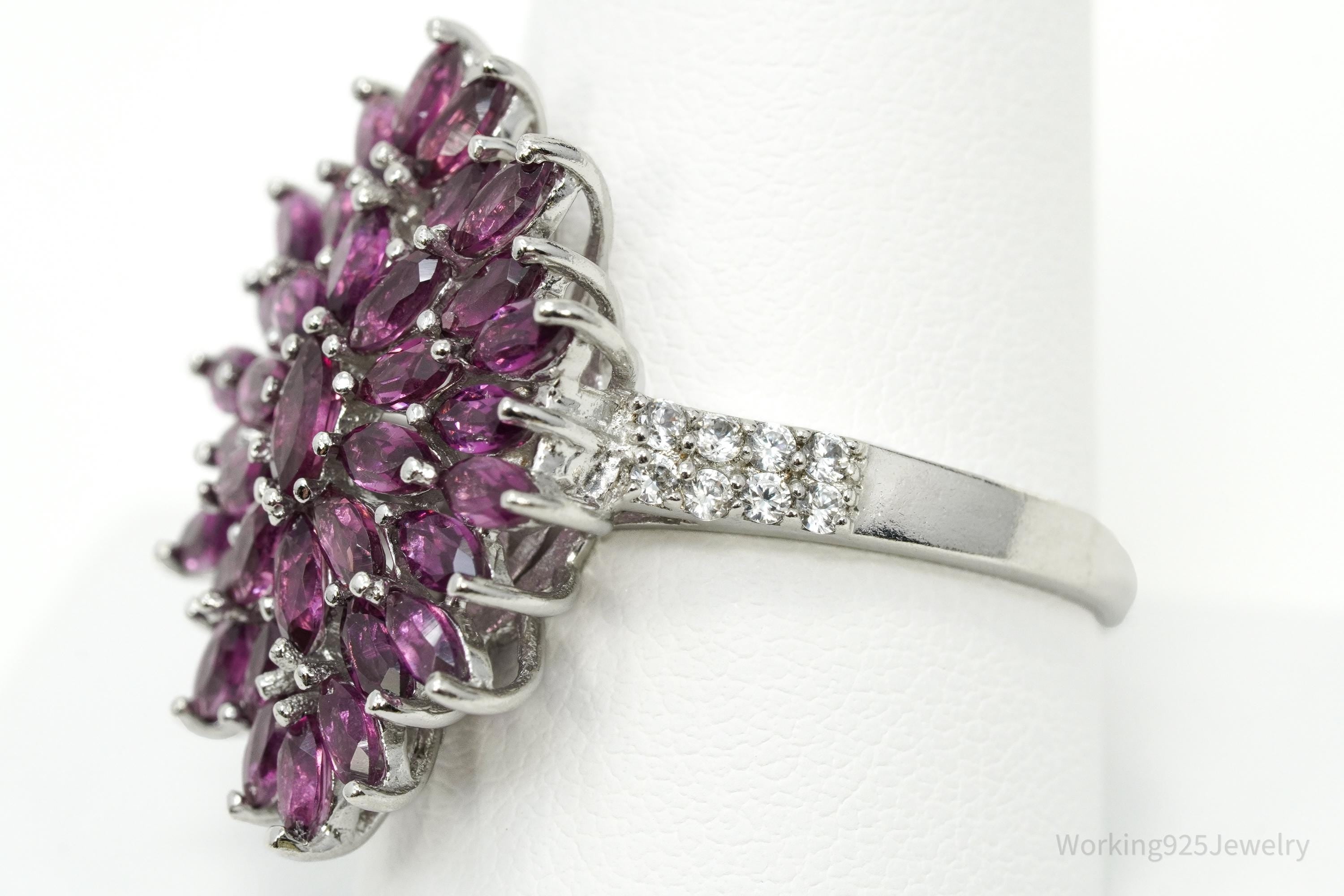 Rhodolite Garnet & White Zircon Sterling Silver Ring - Size 10.25