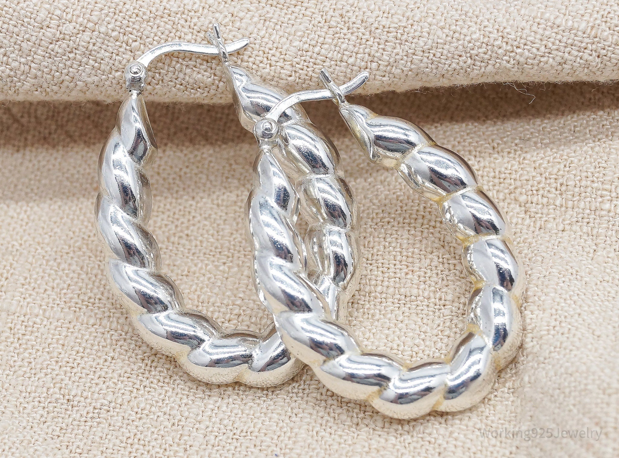 Vintage Italian Puffy Twist Sterling Silver Hoop Earrings