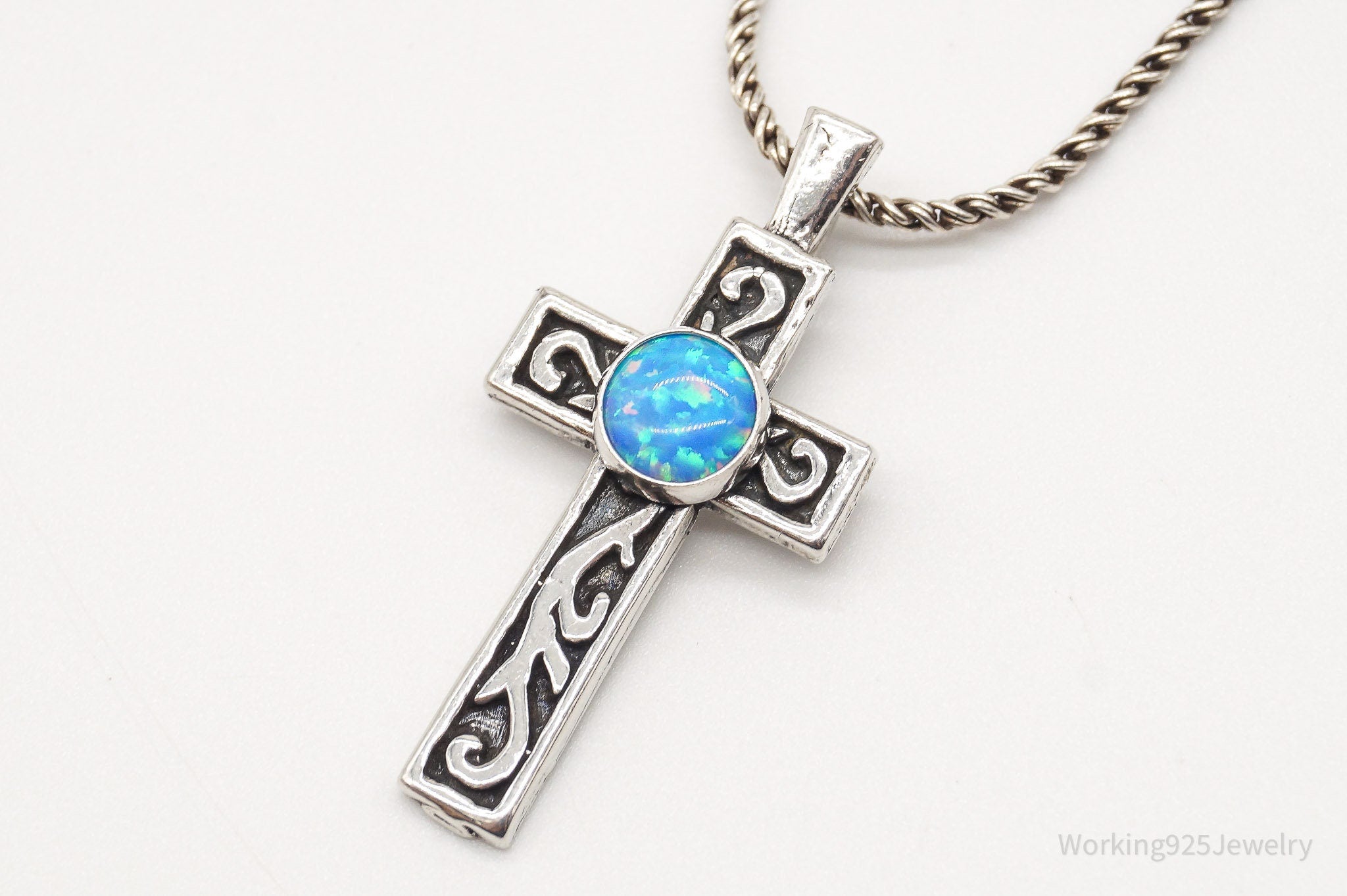 Vintage Blue Opal Sterling Silver Cross Necklace