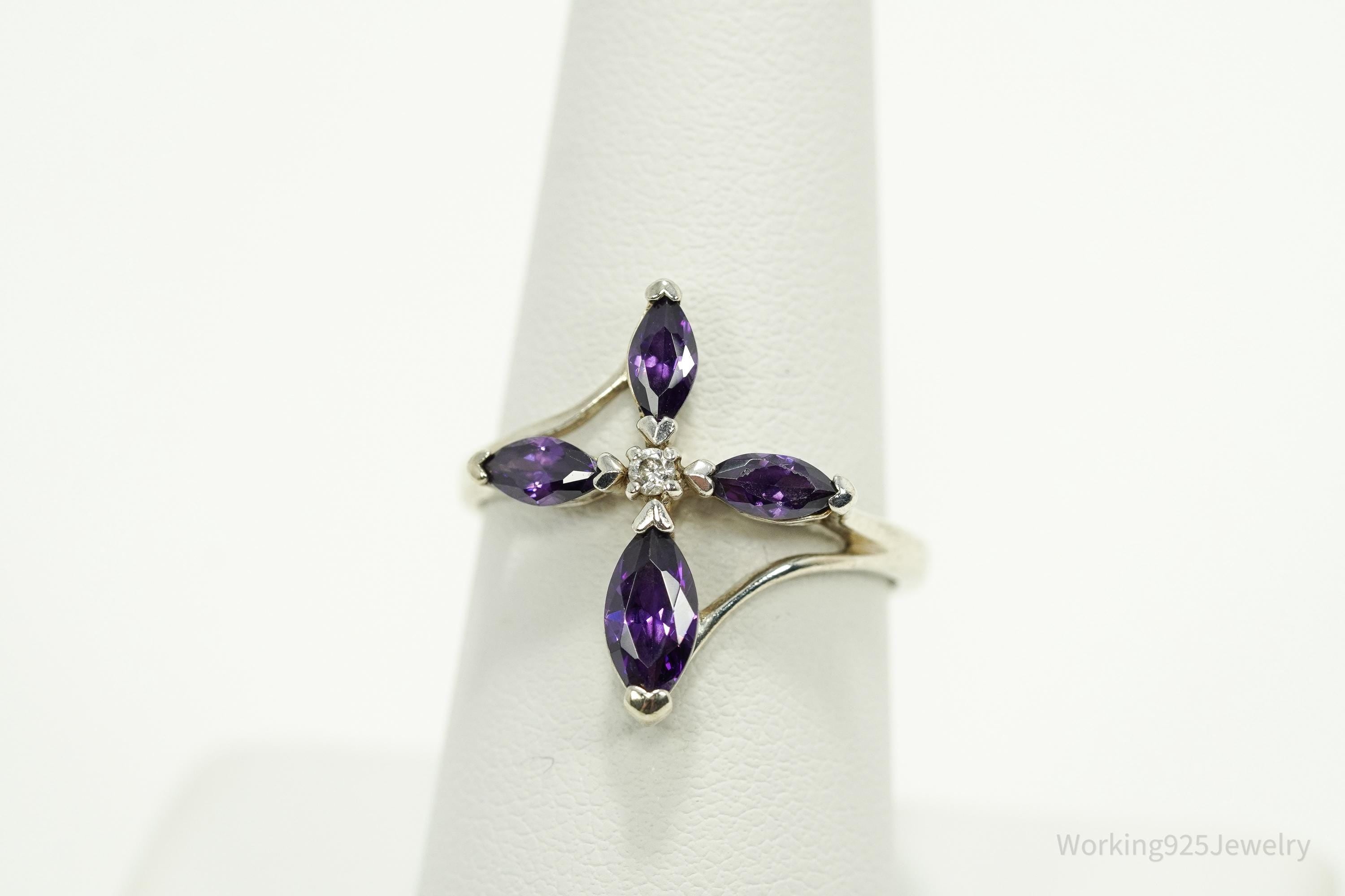 Vintage Amethyst "With God All Things Are Possible" White Sapphire Cross Sterling Silver Ring - Size 8