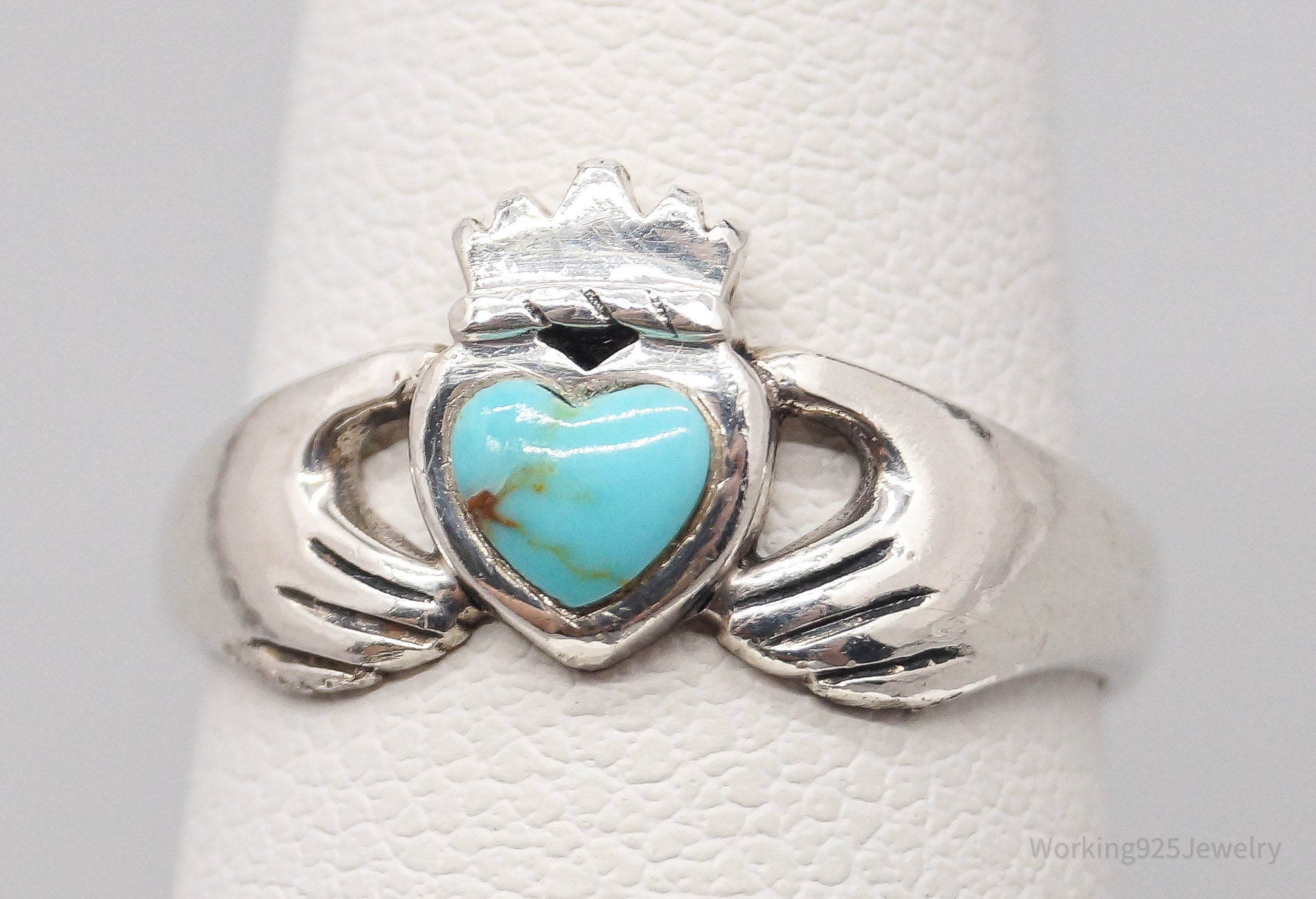 Vintage Boma Claddagh Turquoise Heart Sterling Silver Ring - Size 5.75