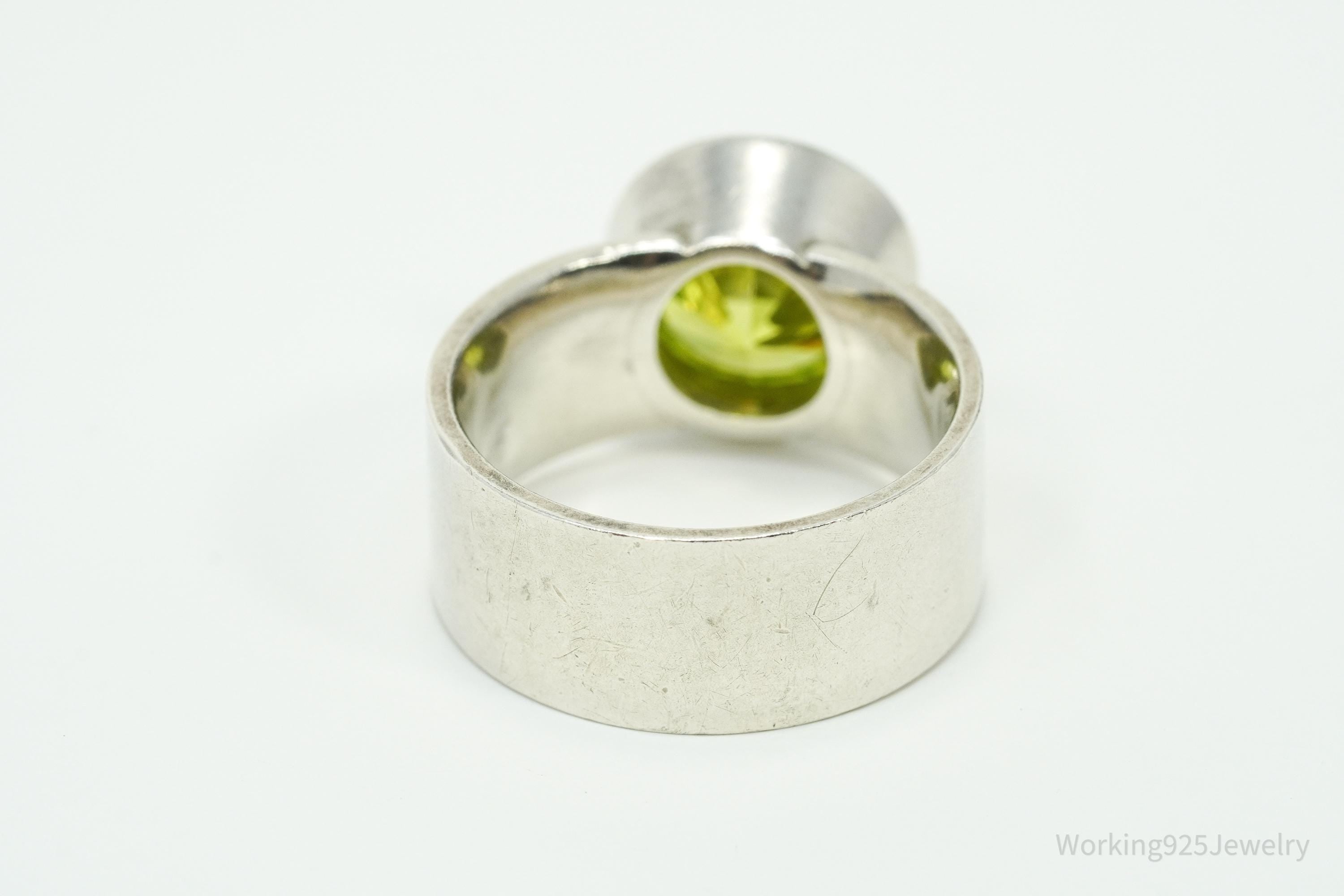 Vintage Large Green Cubic Zirconia Silver Ring - Size 9.75