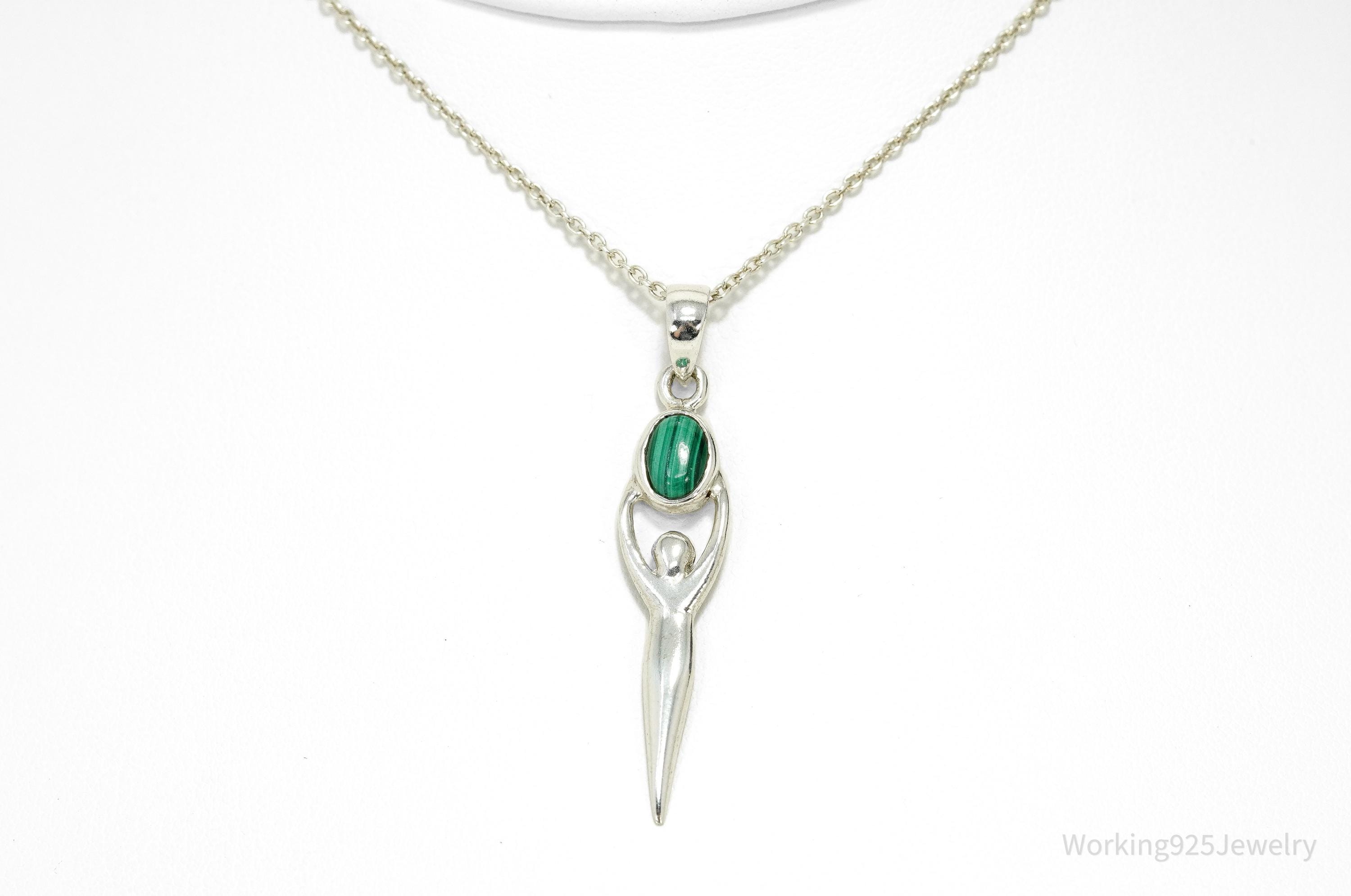Vintage Malachite Goddess Sterling Silver Necklace 16"