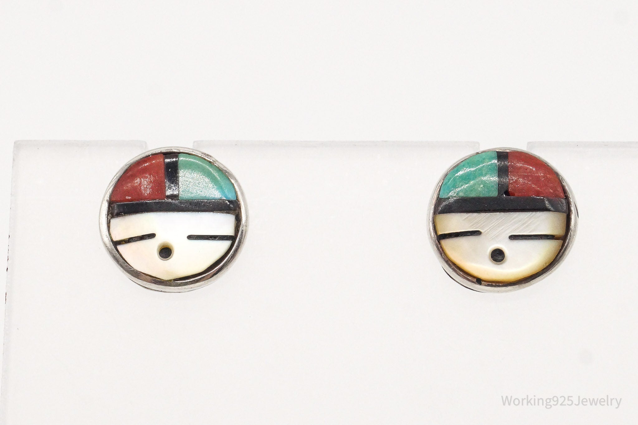 Vintage Native American Zuni Multi Gemstone Silver Earrings