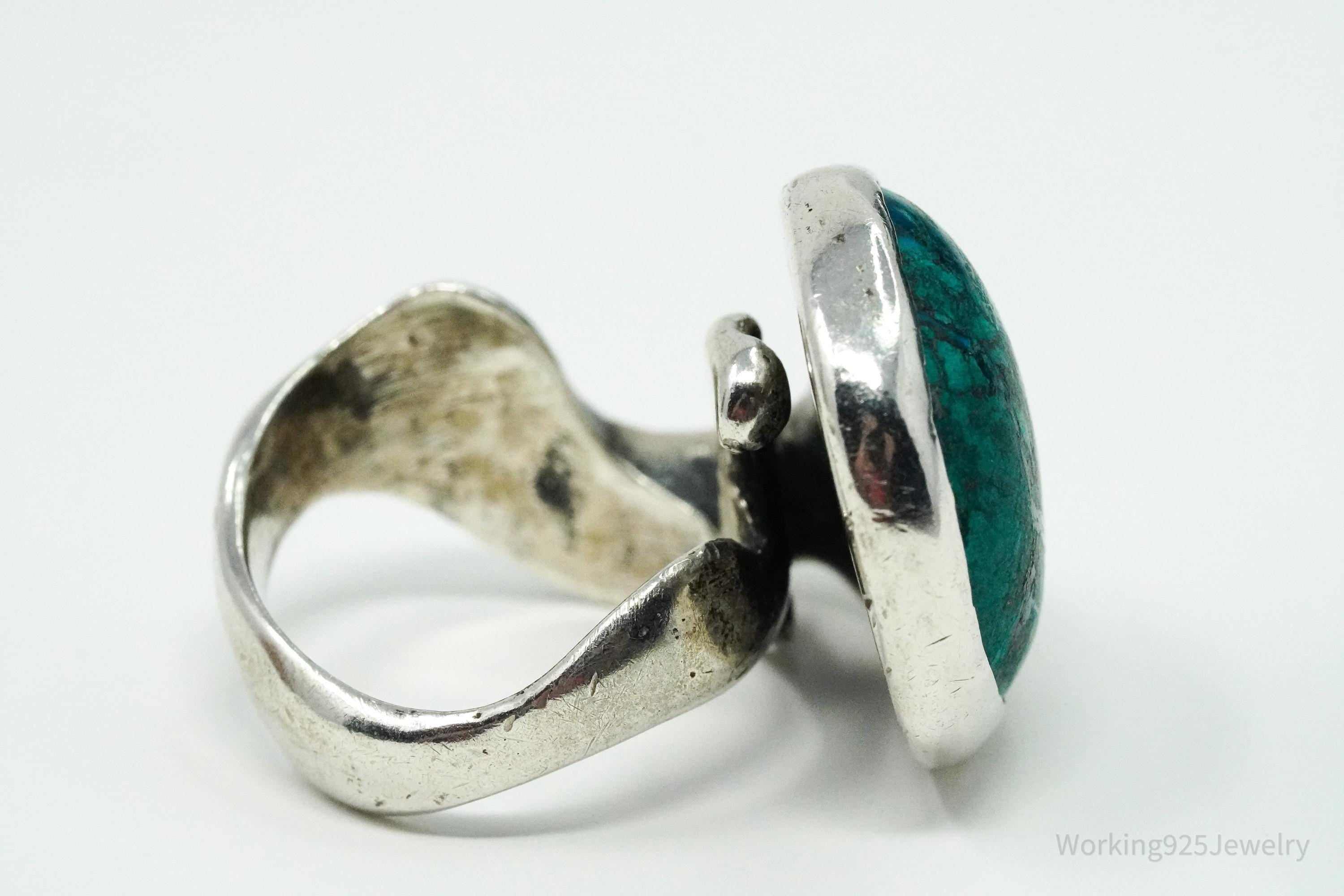 Vintage Azurite Malachite Modernist Style Silver Ring - Size 6.5