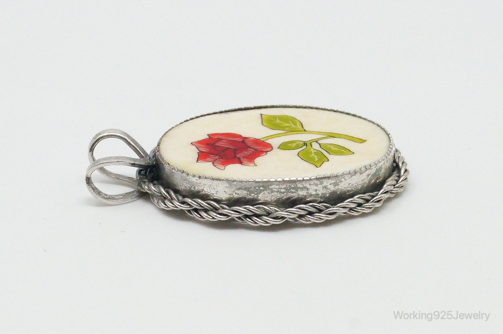 Vintage Painted Rose Bone Southwestern Sterling Silver Pendant