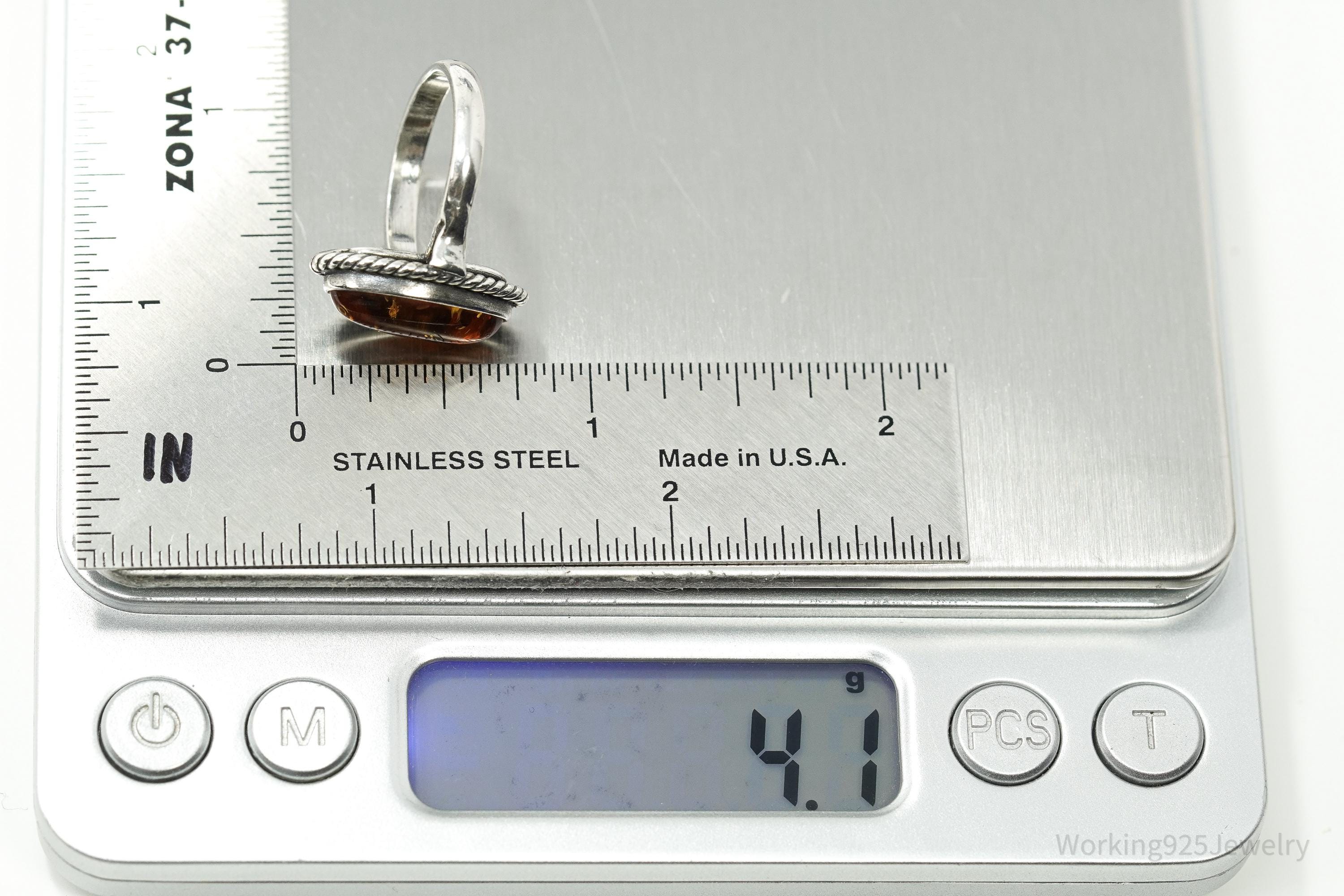 Vintage Amber Sterling Silver Ring - Size 5.75