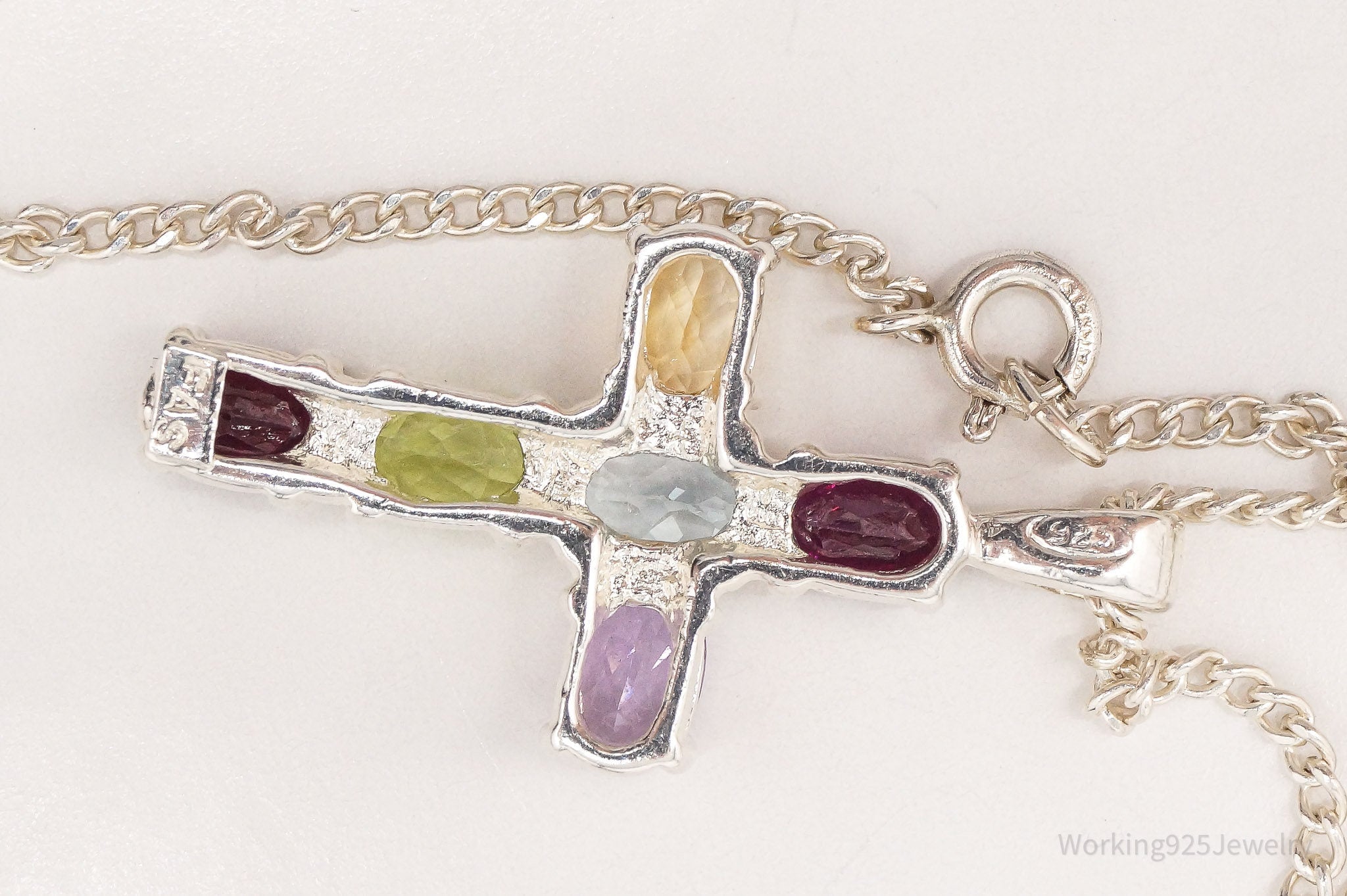 Vintage Multi Gemstone Cross Sterling Silver Necklace 16"