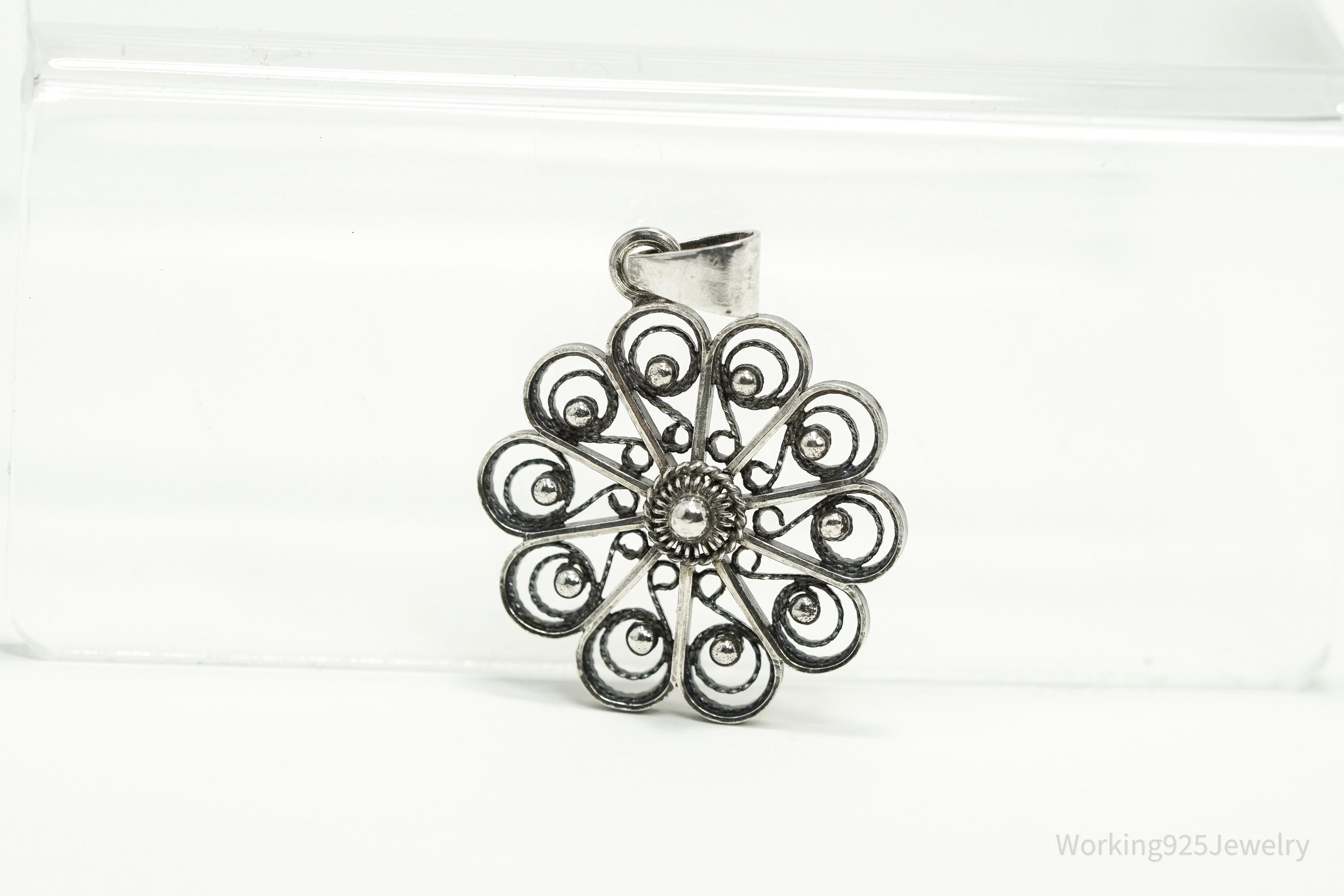 Vintage Ornate Norwegian Modernist Flower 830S Silver Pendant 1.25"