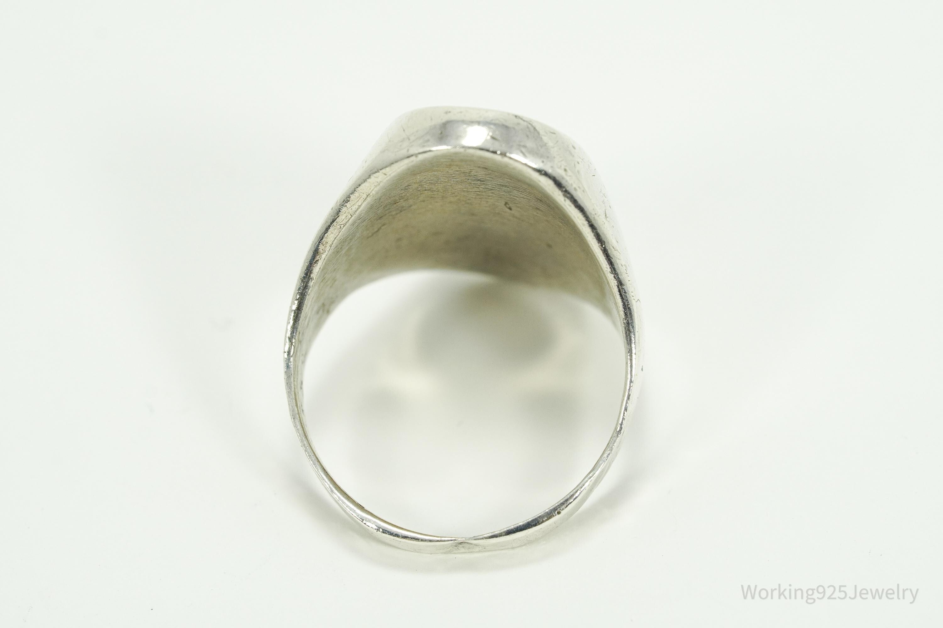 Vintage Native American Turquoise Inlay Heavy Silver Ring - Size 12.25