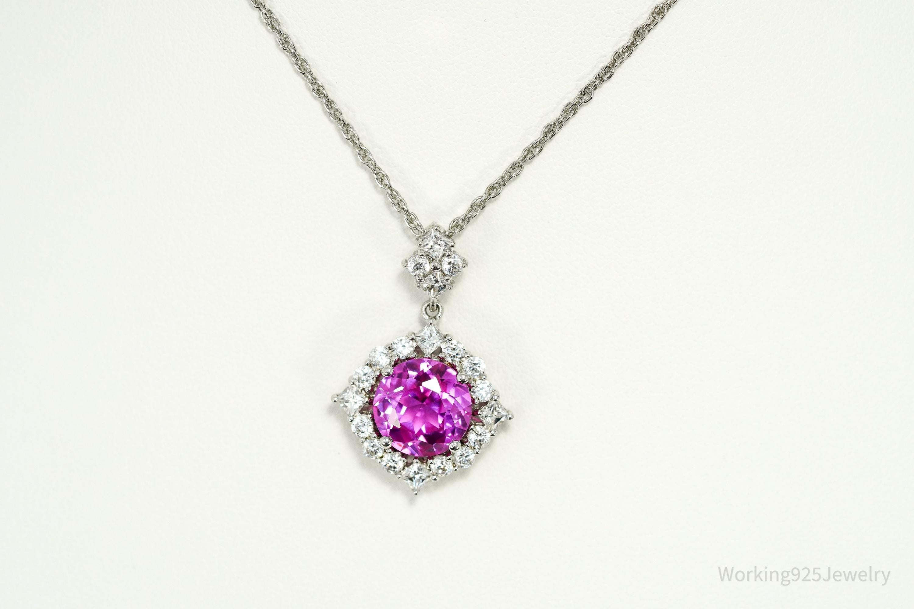 Vintage Synthetic Pink Sapphire & Cubic Zirconia Sterling Silver Necklace 18"