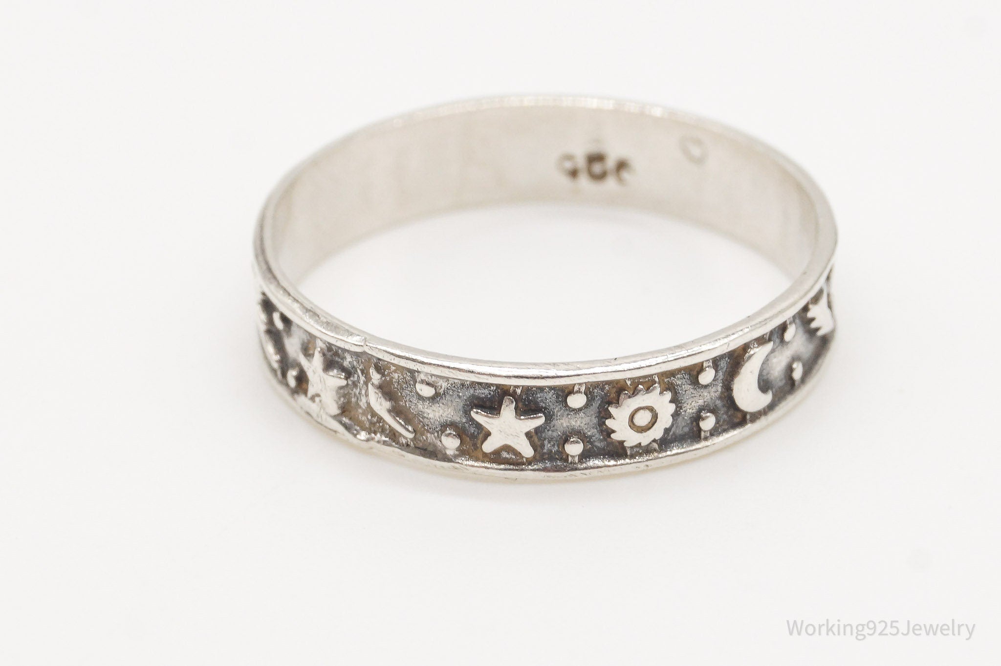 Vintage Stars Moons Suns Sterling Silver Band Ring - Size 9.5