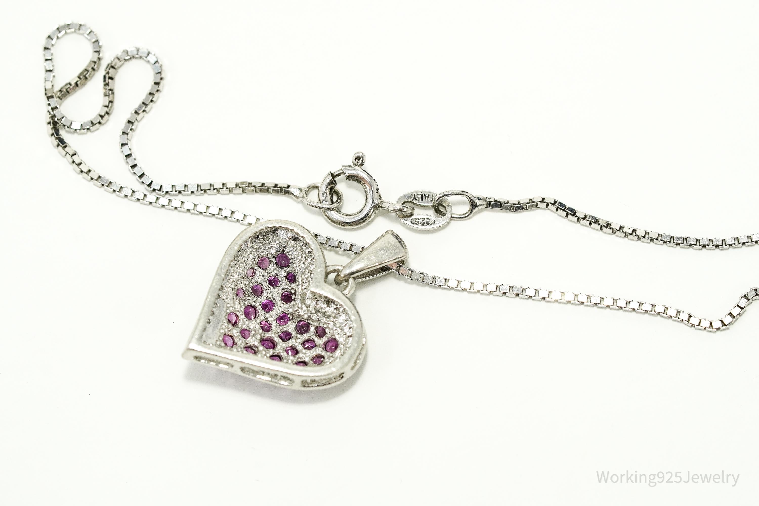 Vintage Pink Sapphire Heart Sterling Silver Necklace 14"