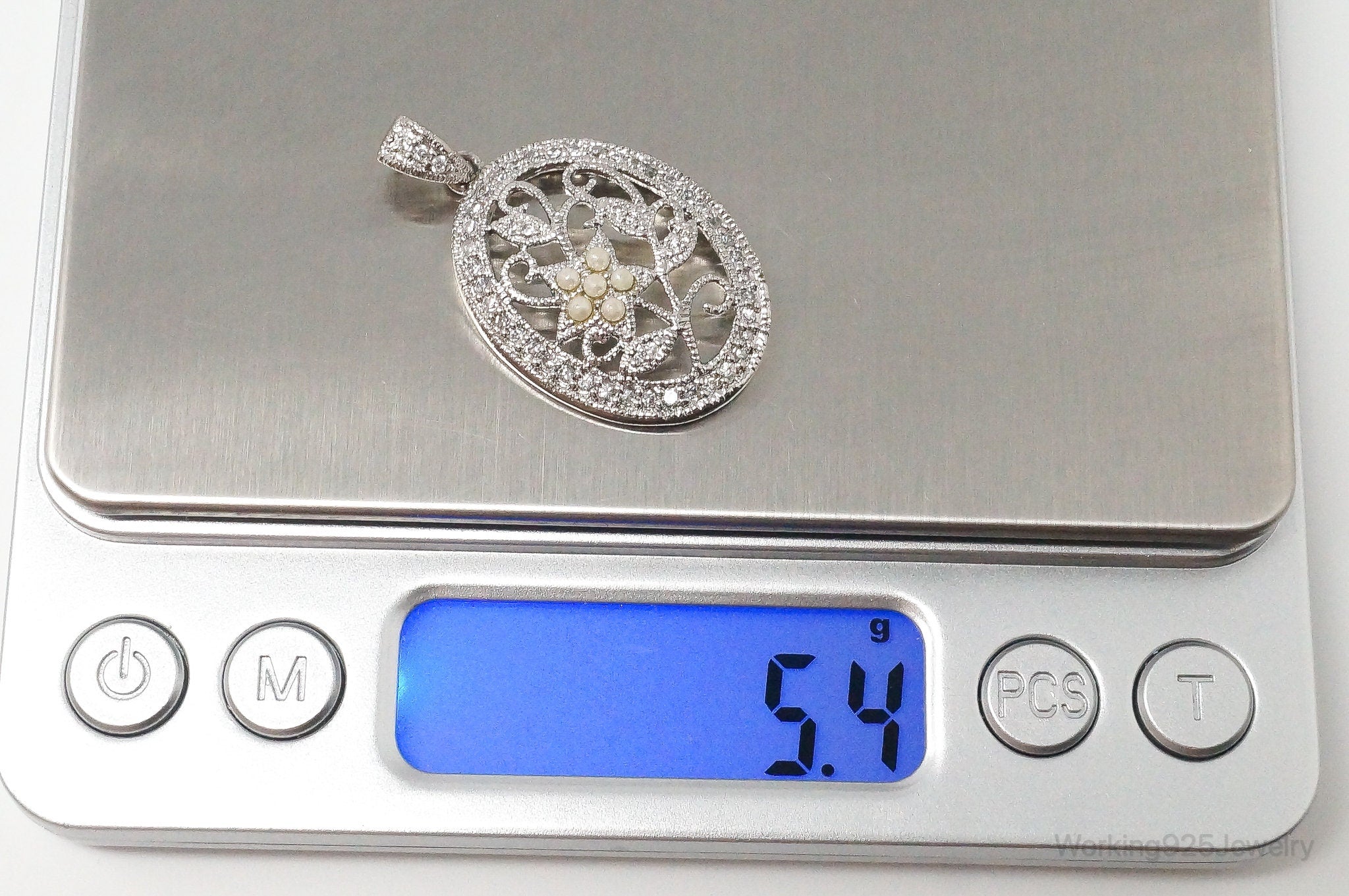 Large Vintage Faux Pearl Cubic Zirconia Sterling Silver Pendant